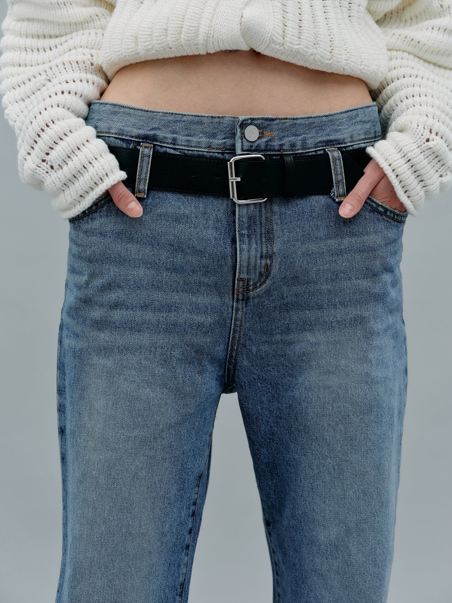 Attached Leather Belted Waist Jeans, Blue