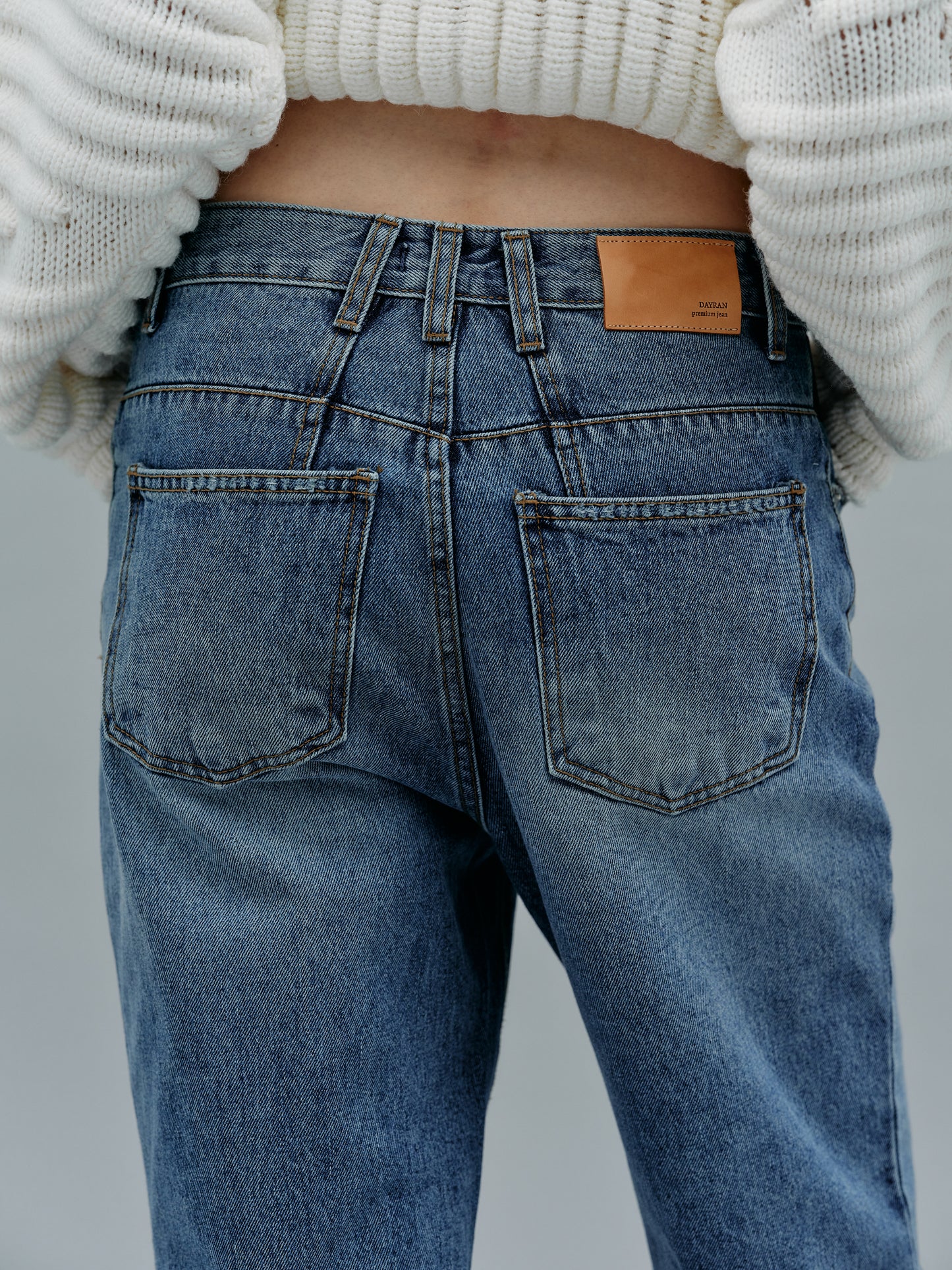 Attached Leather Belted Waist Jeans, Blue