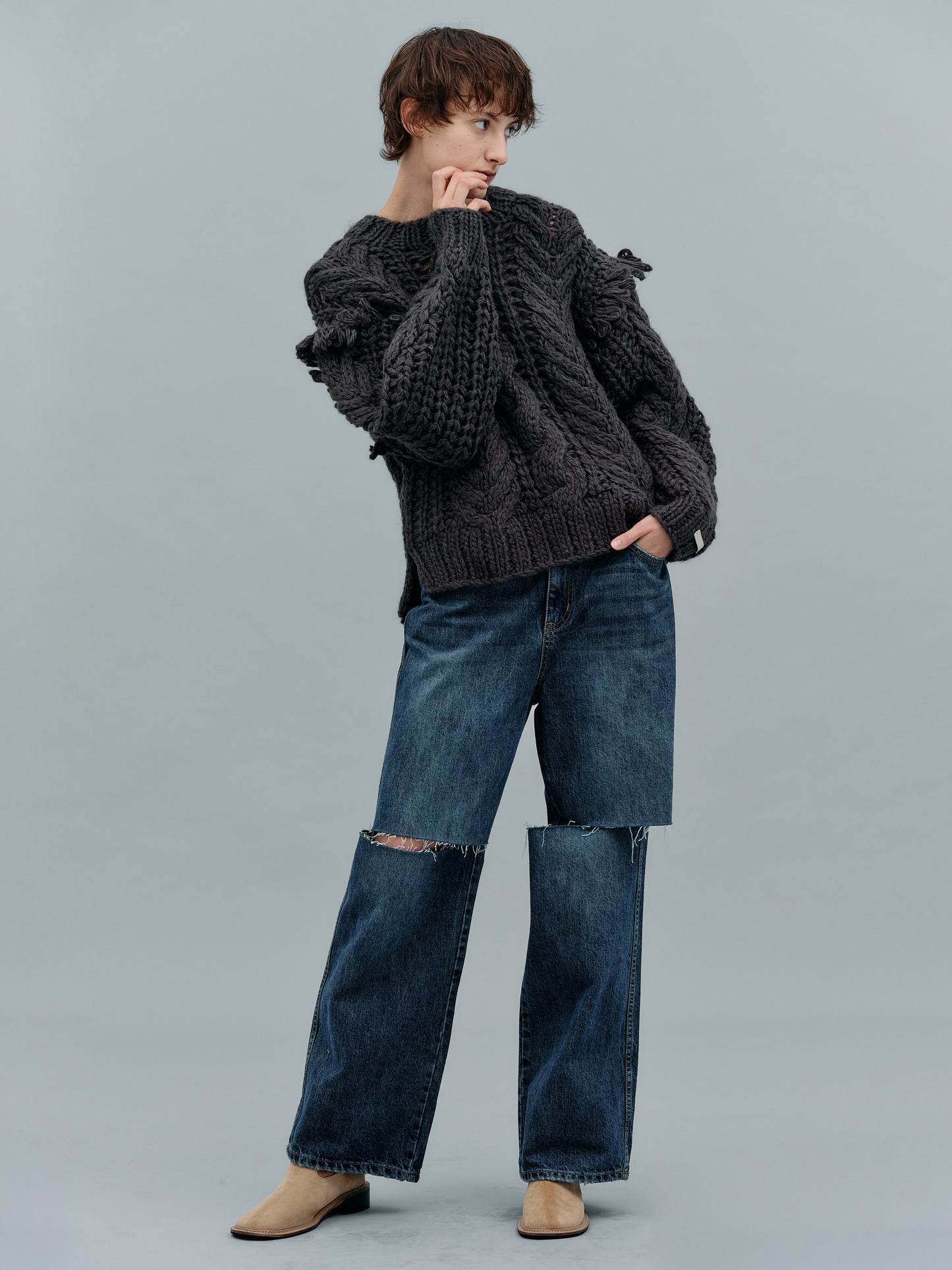 Hand Knit Cable Fringe Sweater, Pebble