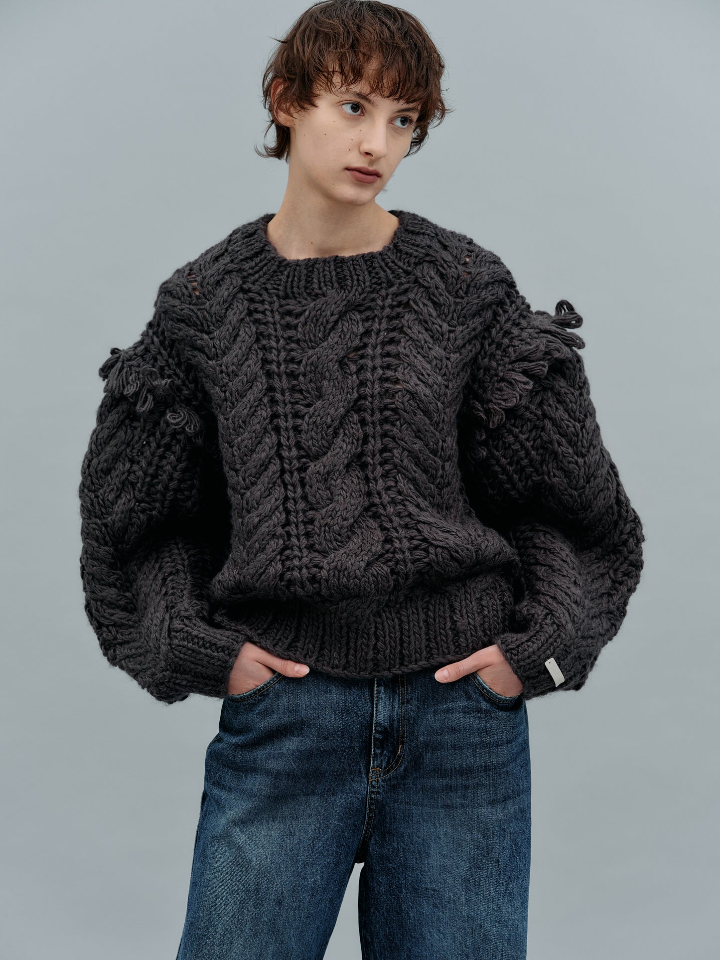 Hand Knit Cable Fringe Sweater, Pebble