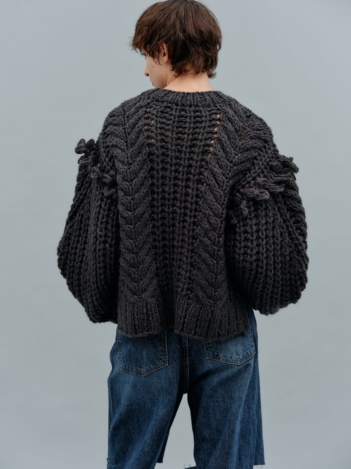 Hand Knit Cable Fringe Sweater, Pebble