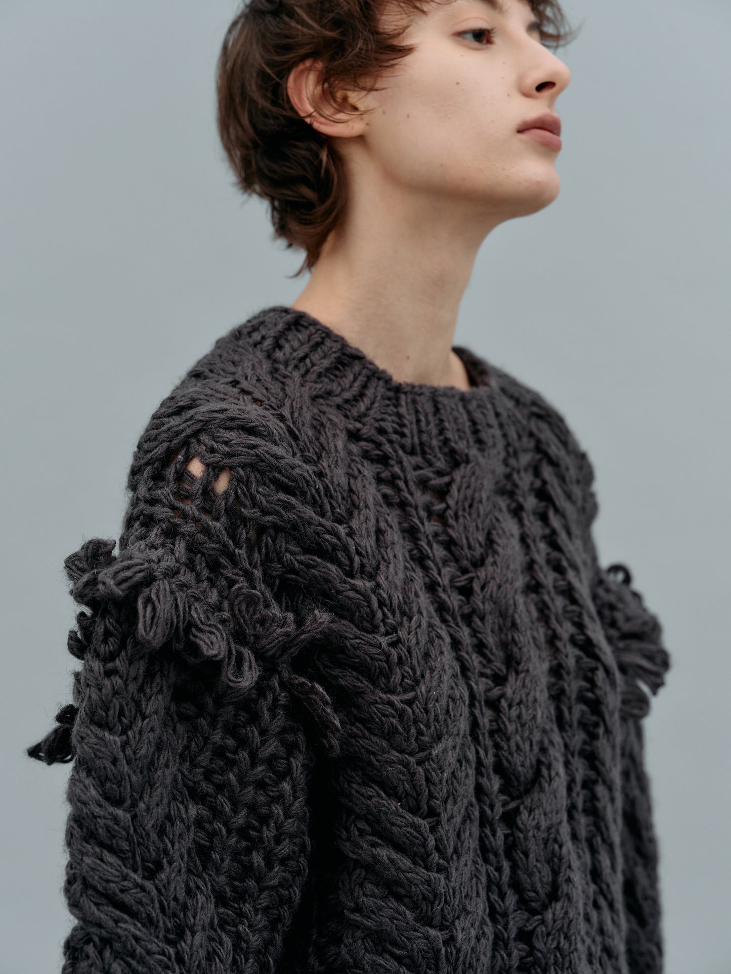 Hand Knit Cable Fringe Sweater, Pebble