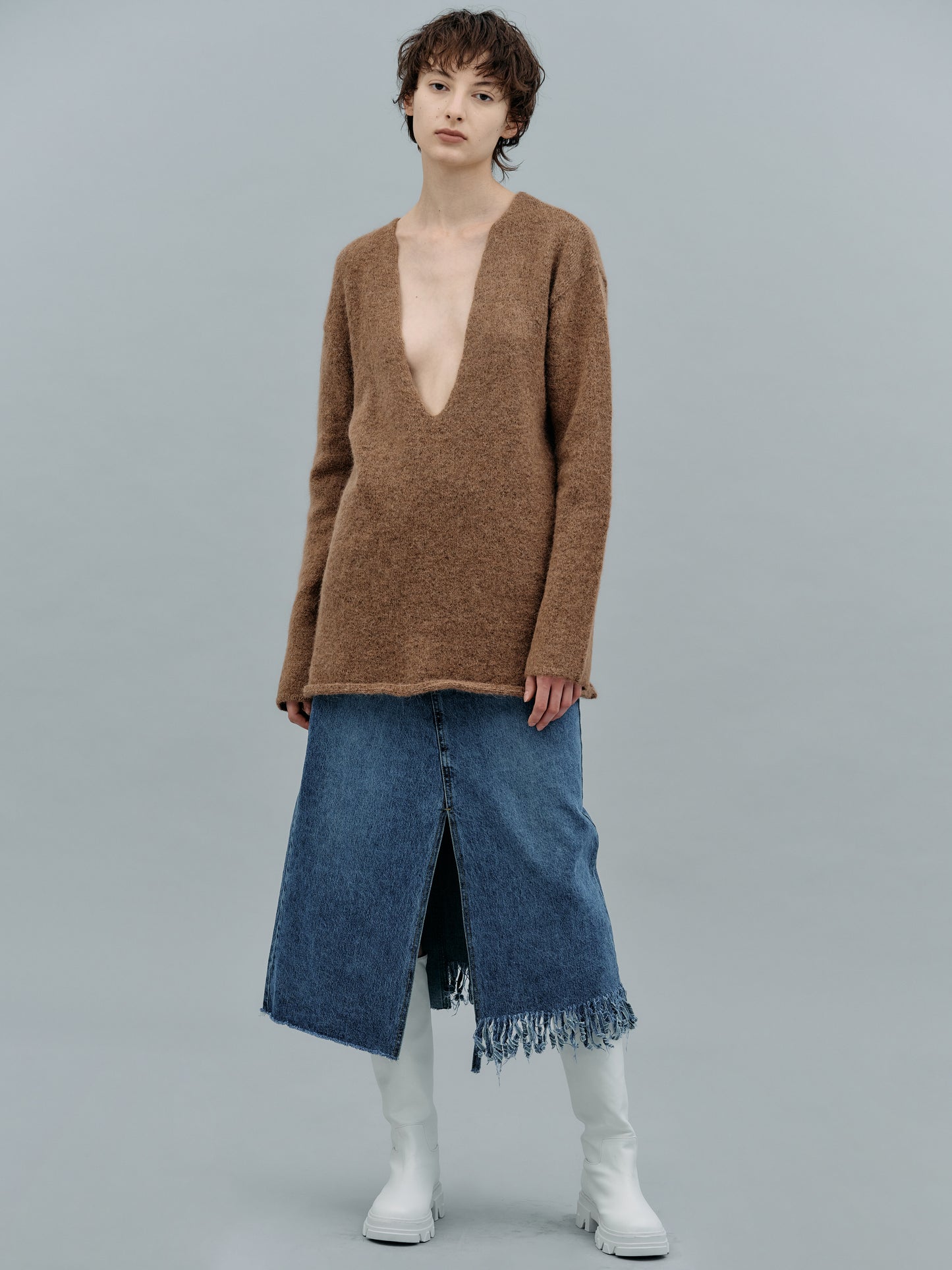 Deep V-Neck Pullover, Mocha