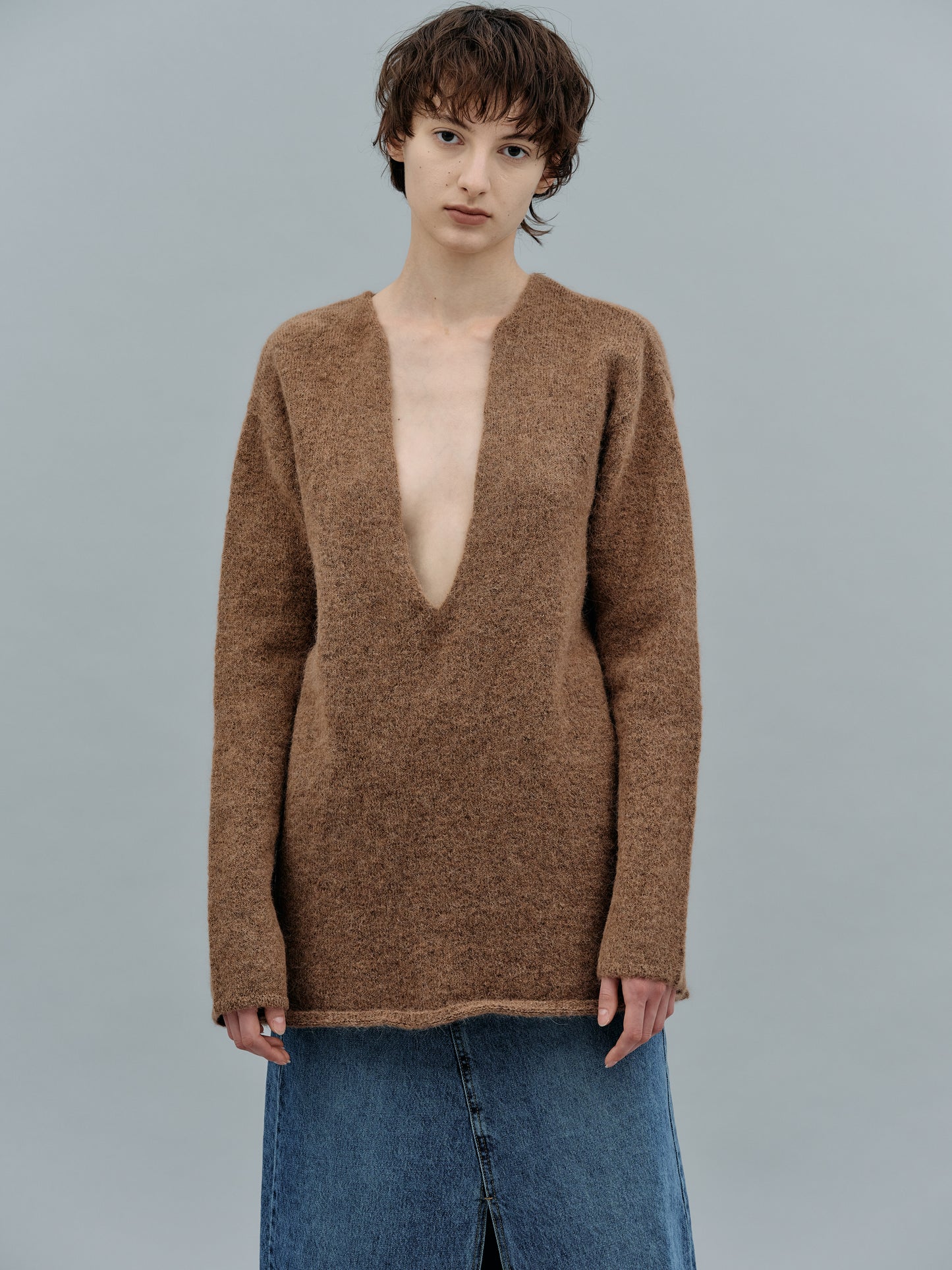 Deep V-Neck Pullover, Mocha