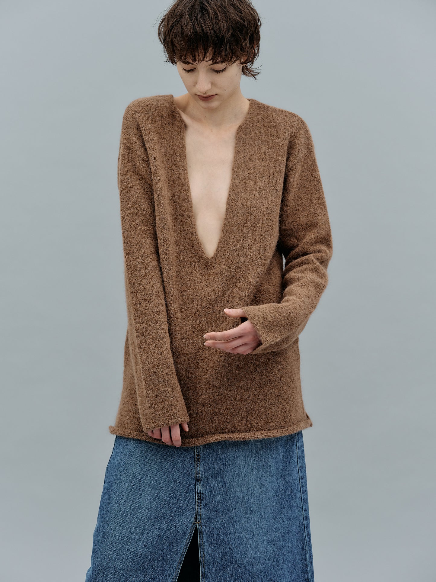 Deep V-Neck Pullover, Mocha