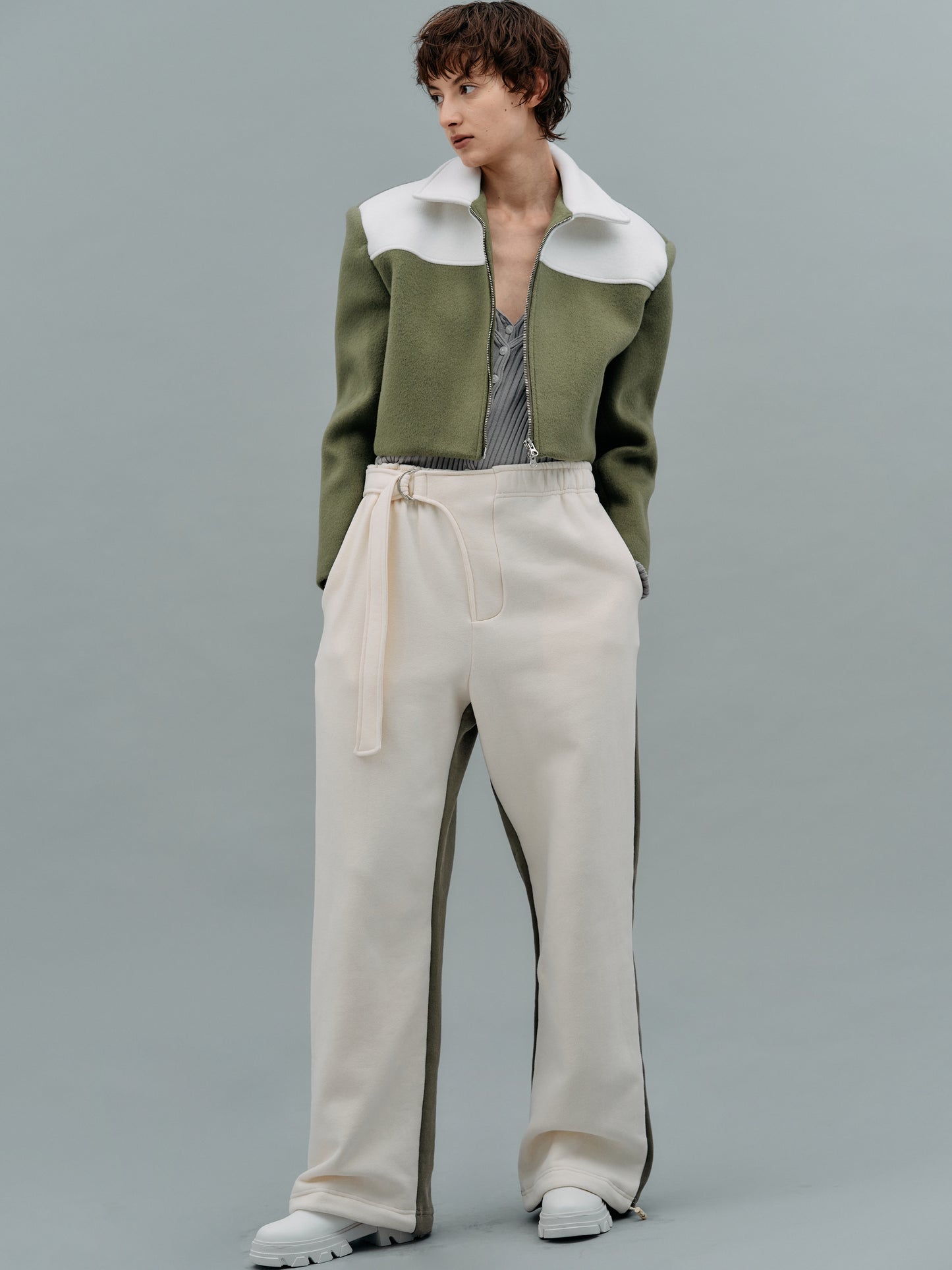 Belted Bicolor Sweatpants, Khaki & Ivory