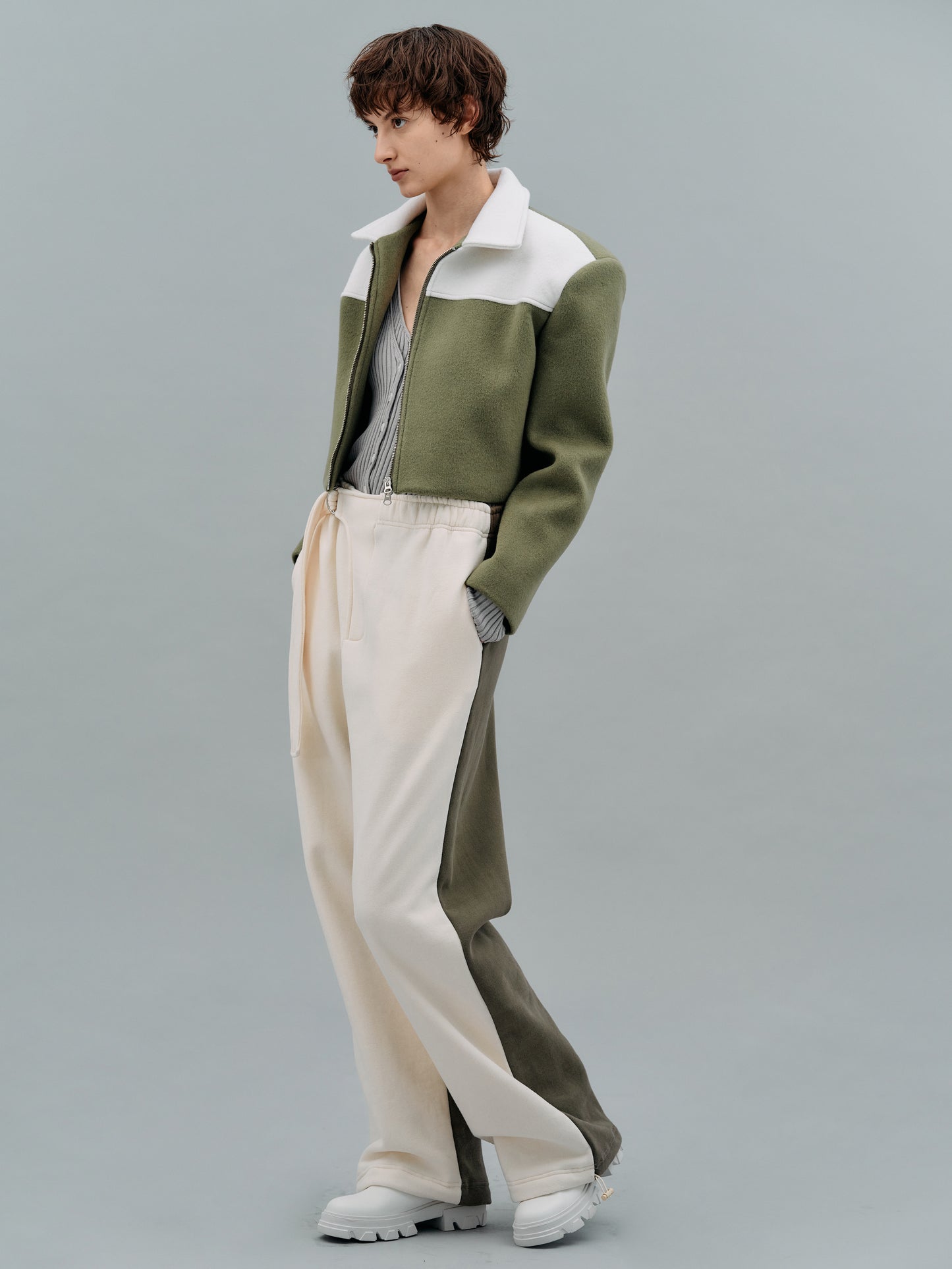 Belted Bicolor Sweatpants, Khaki & Ivory