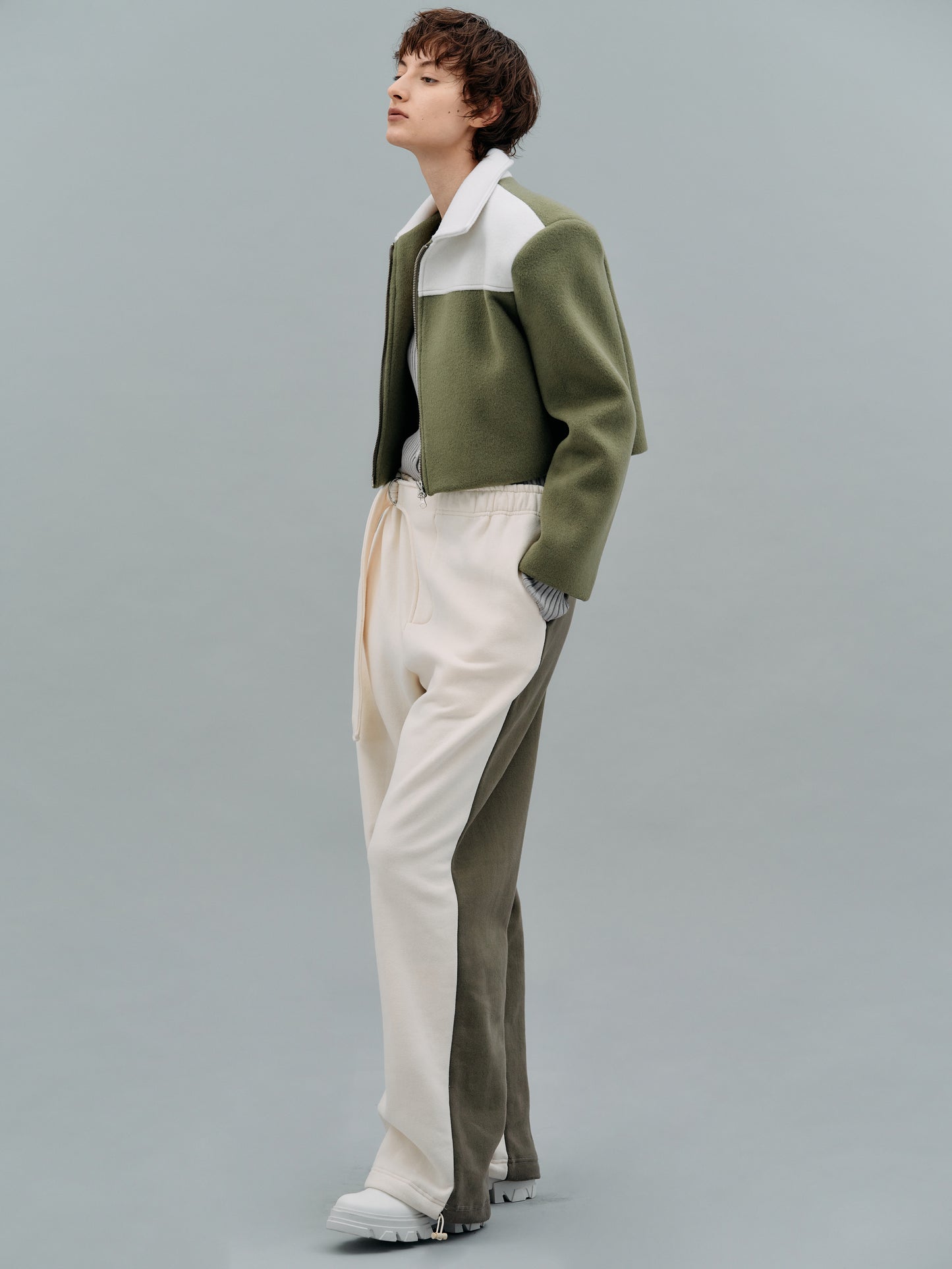 Belted Bicolor Sweatpants, Khaki & Ivory