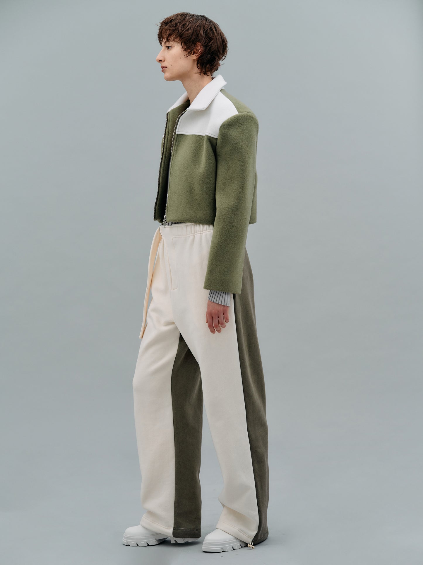 Belted Bicolor Sweatpants, Khaki & Ivory