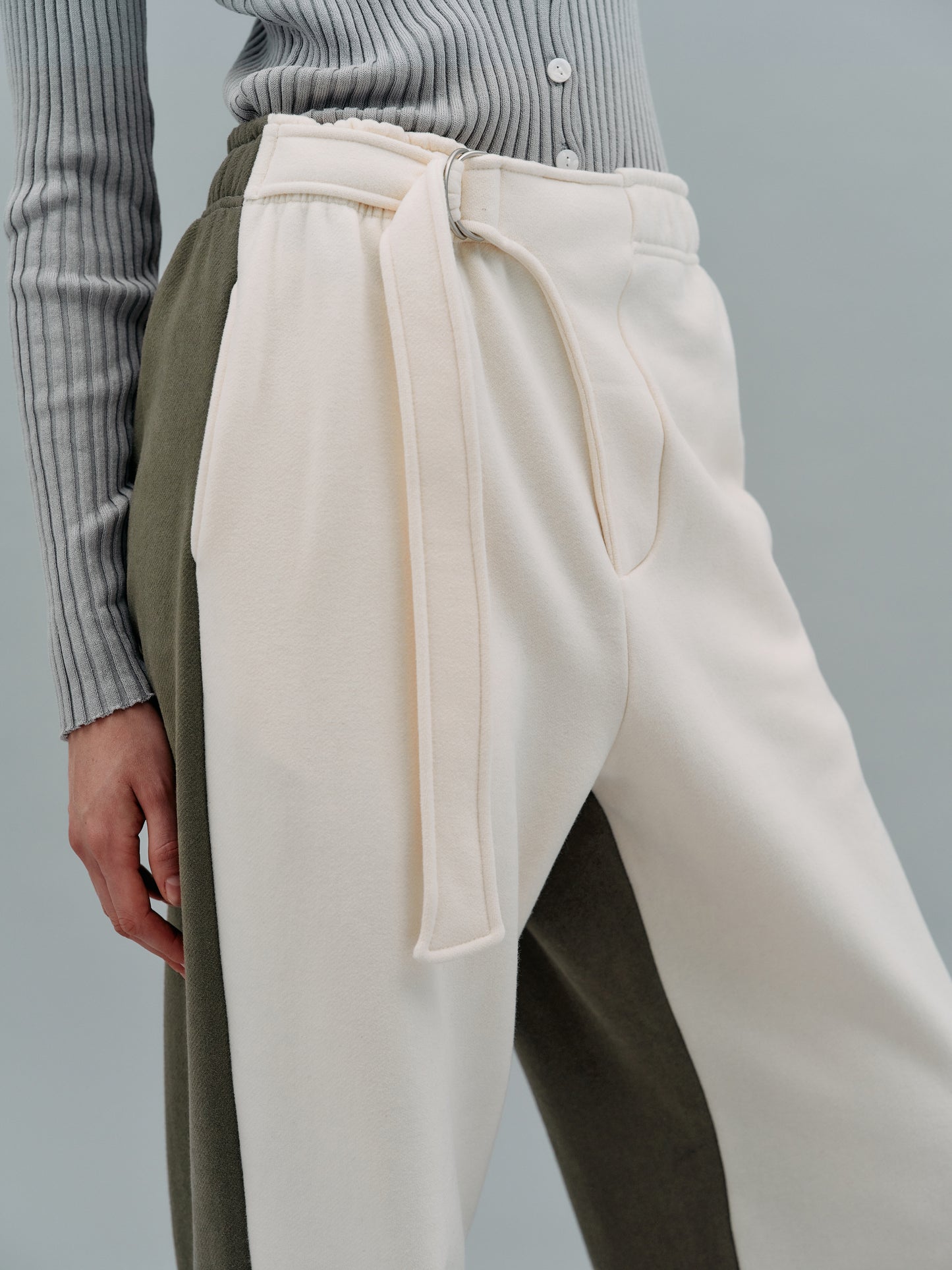 Belted Bicolor Sweatpants, Khaki & Ivory