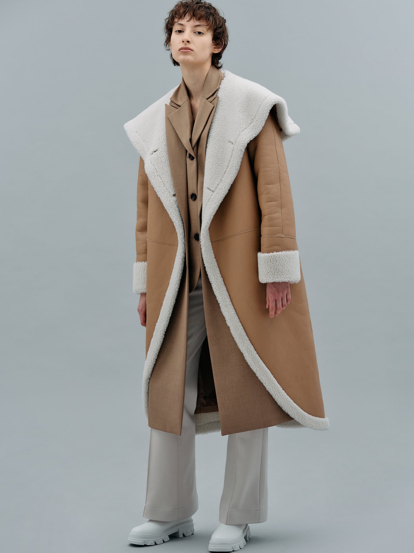Leather Shearling Wrap Coat, Camel