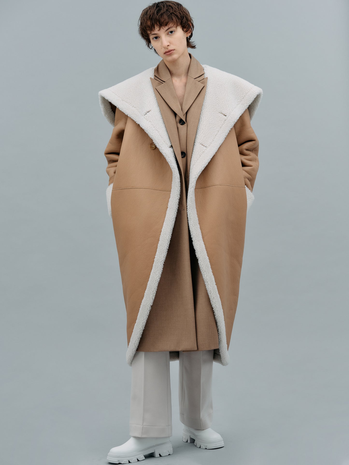 Leather Shearling Wrap Coat, Camel
