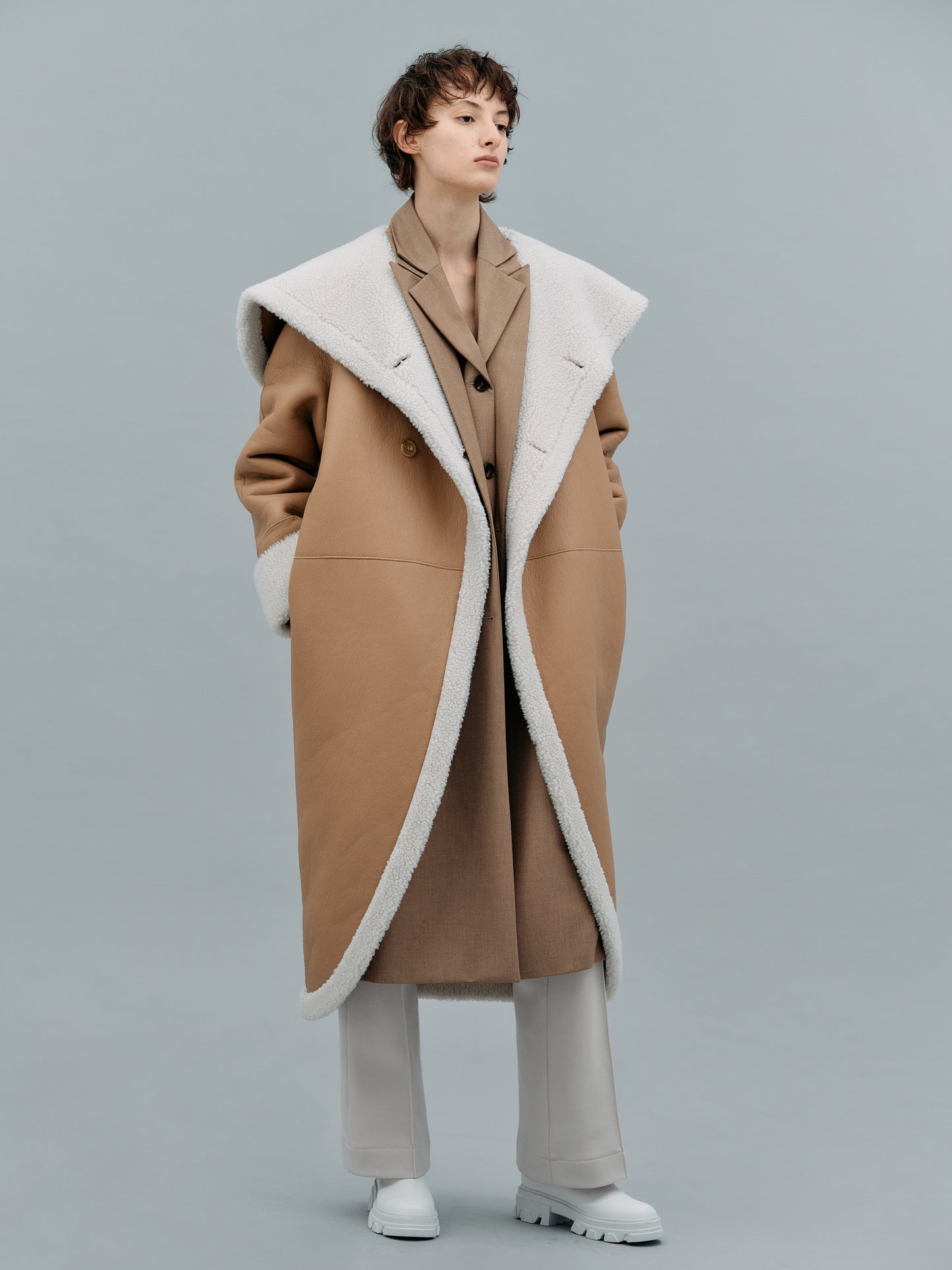 Leather Shearling Wrap Coat, Camel