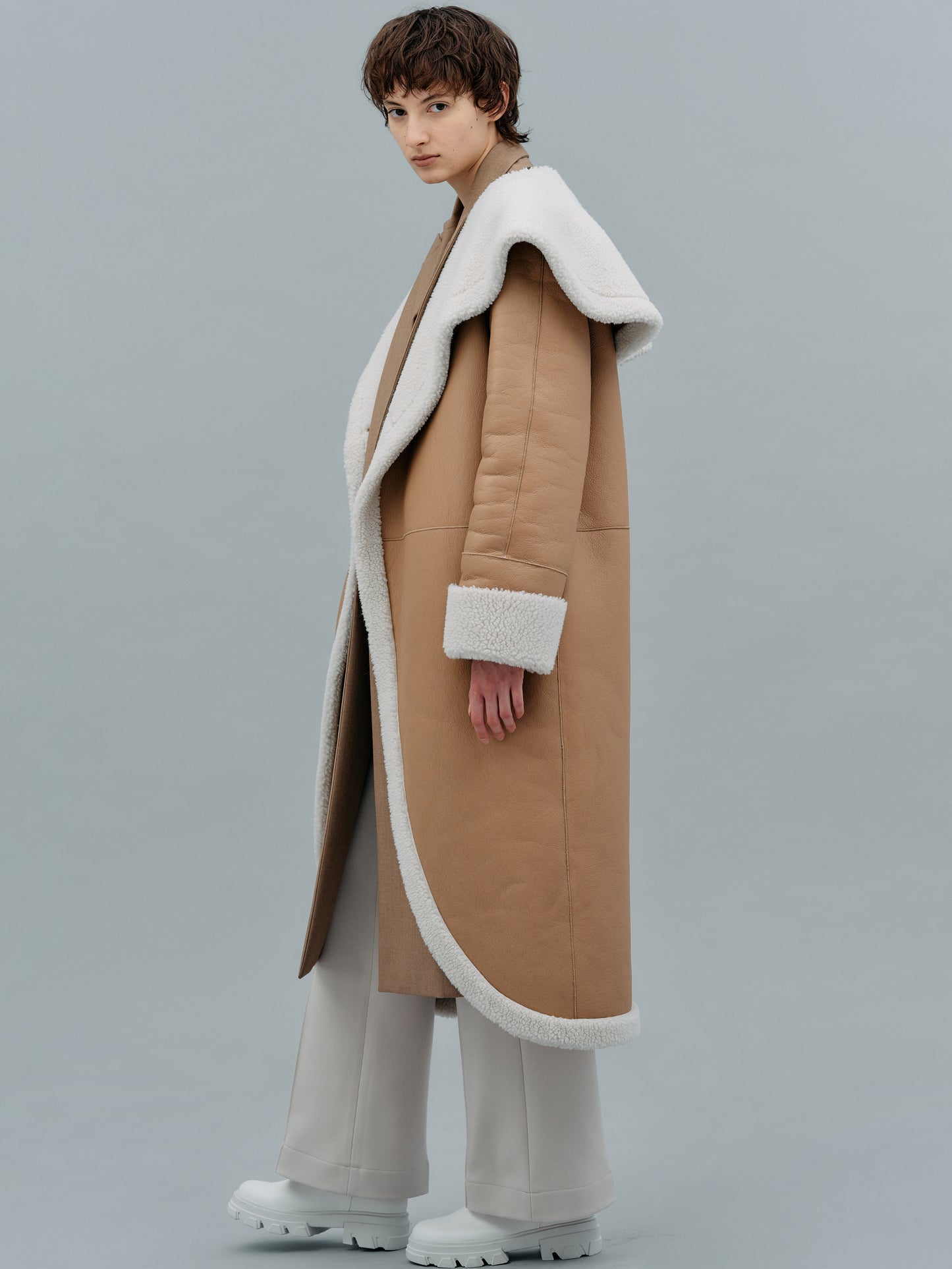 Leather Shearling Wrap Coat, Camel