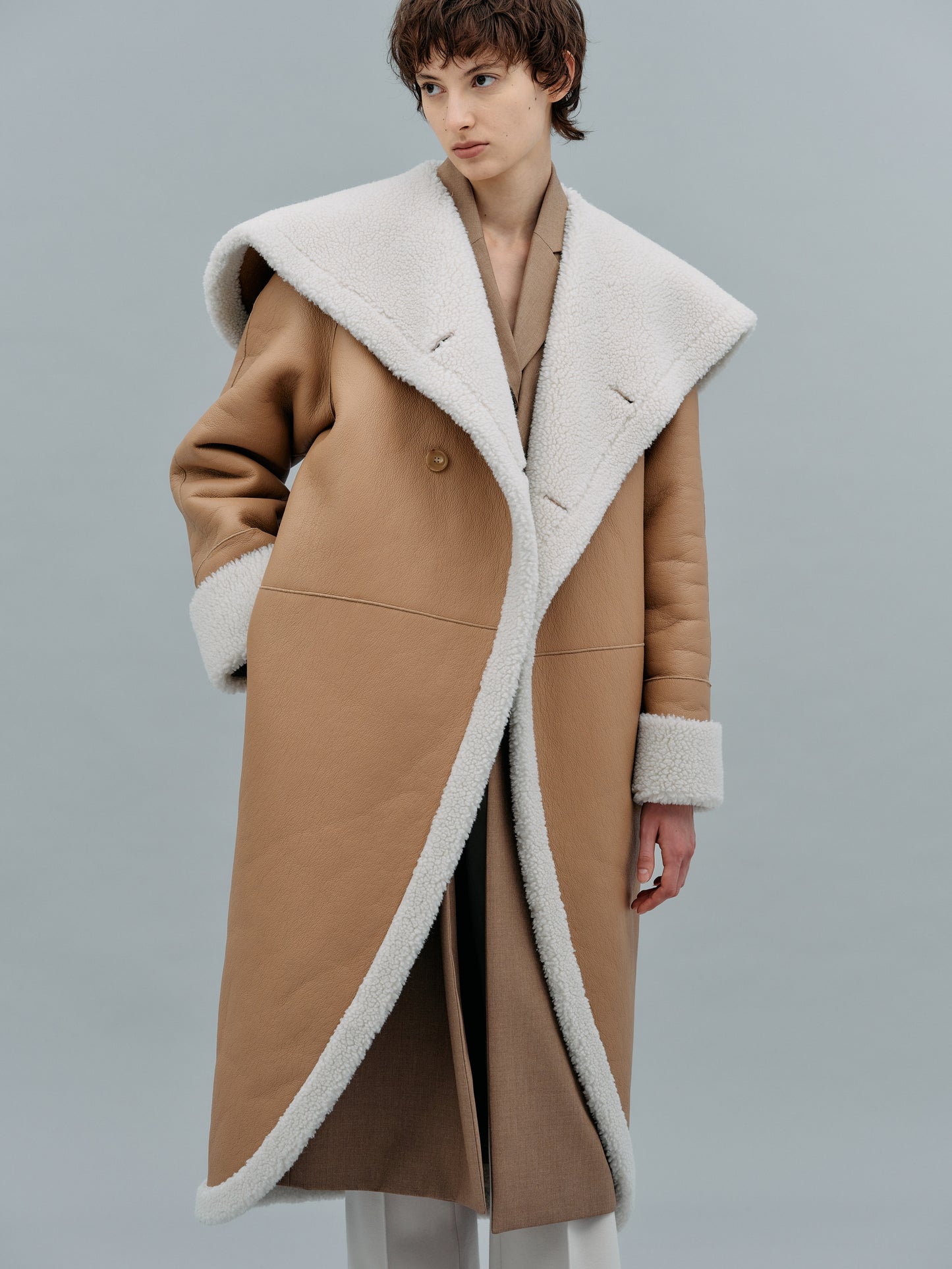Leather Shearling Wrap Coat, Camel