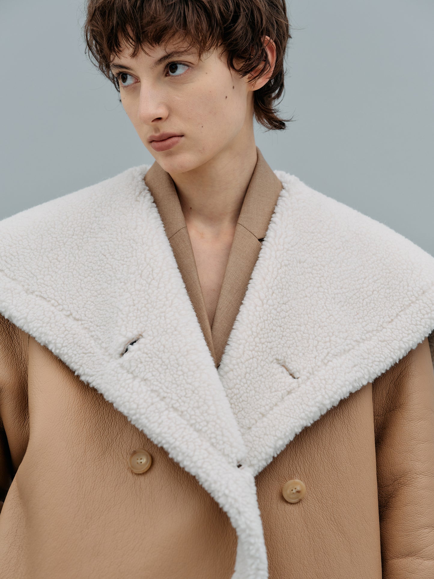 Leather Shearling Wrap Coat, Camel