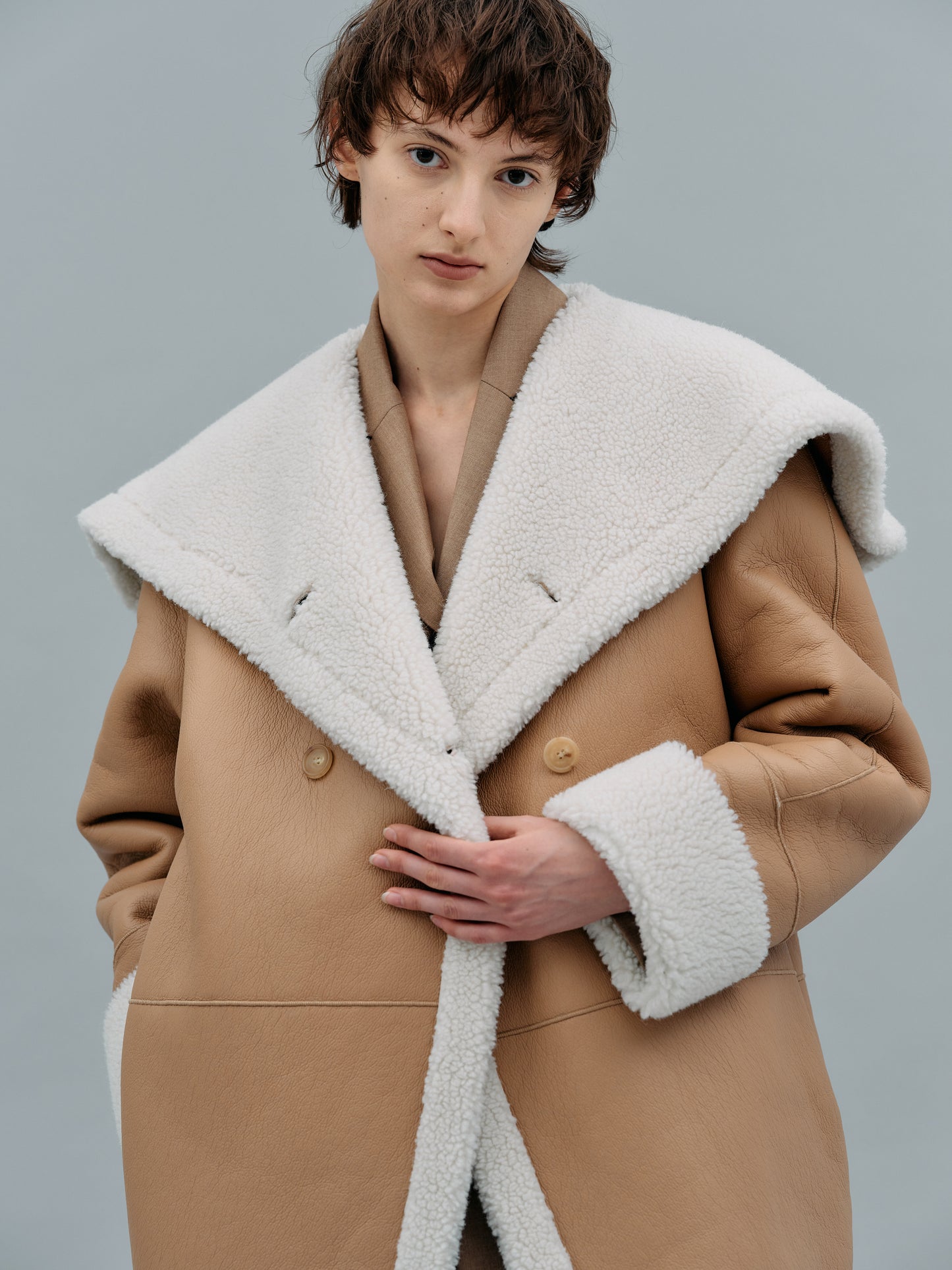 Leather Shearling Wrap Coat, Camel