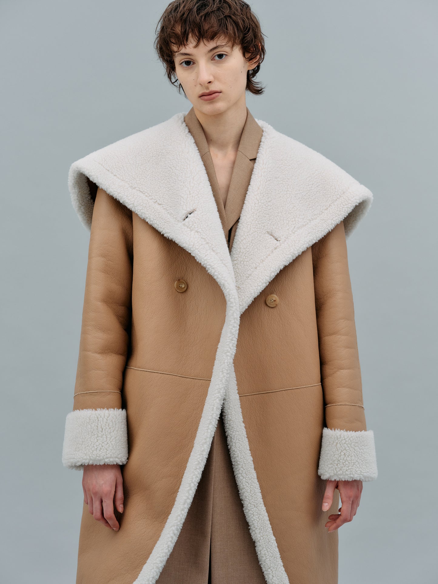 Leather Shearling Wrap Coat, Camel