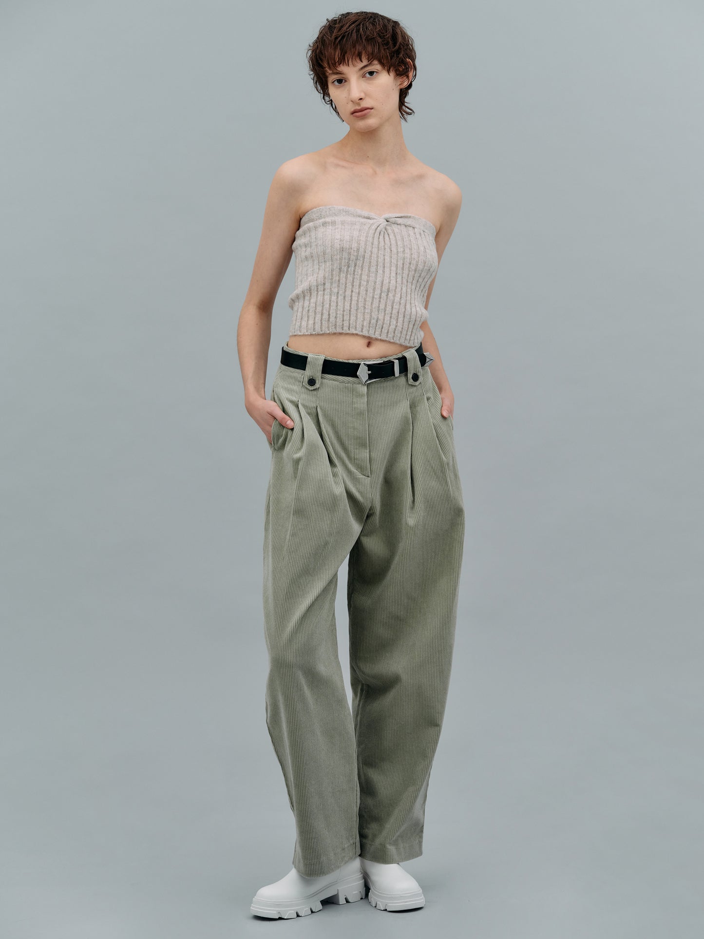 Double Pleat Belted Corduroy Pants, Moss
