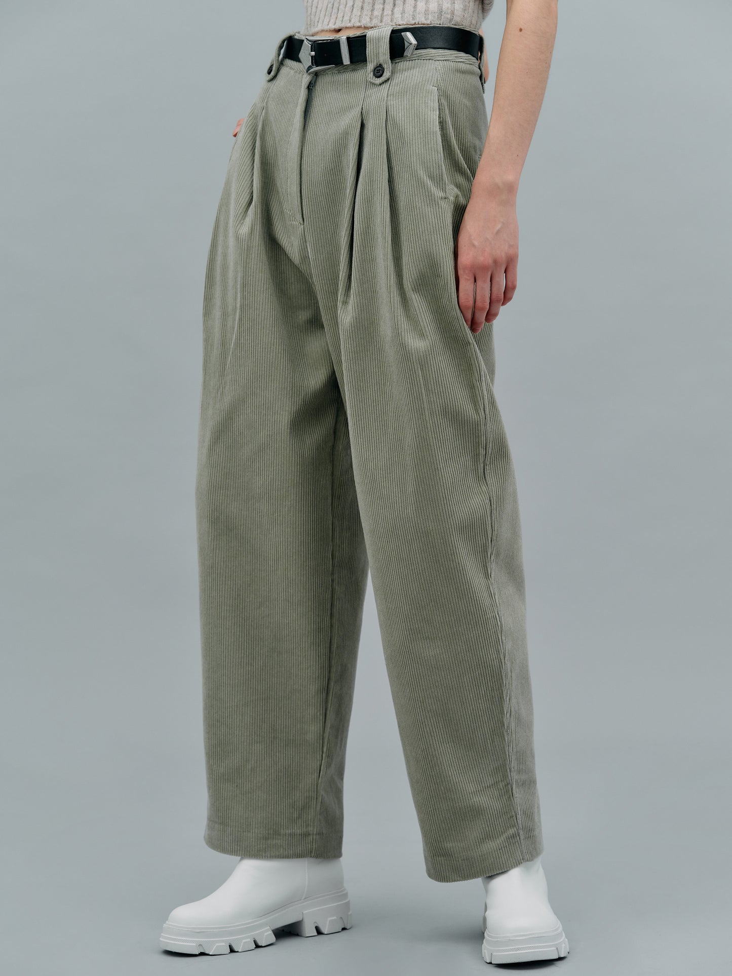 Double Pleat Belted Corduroy Pants, Moss