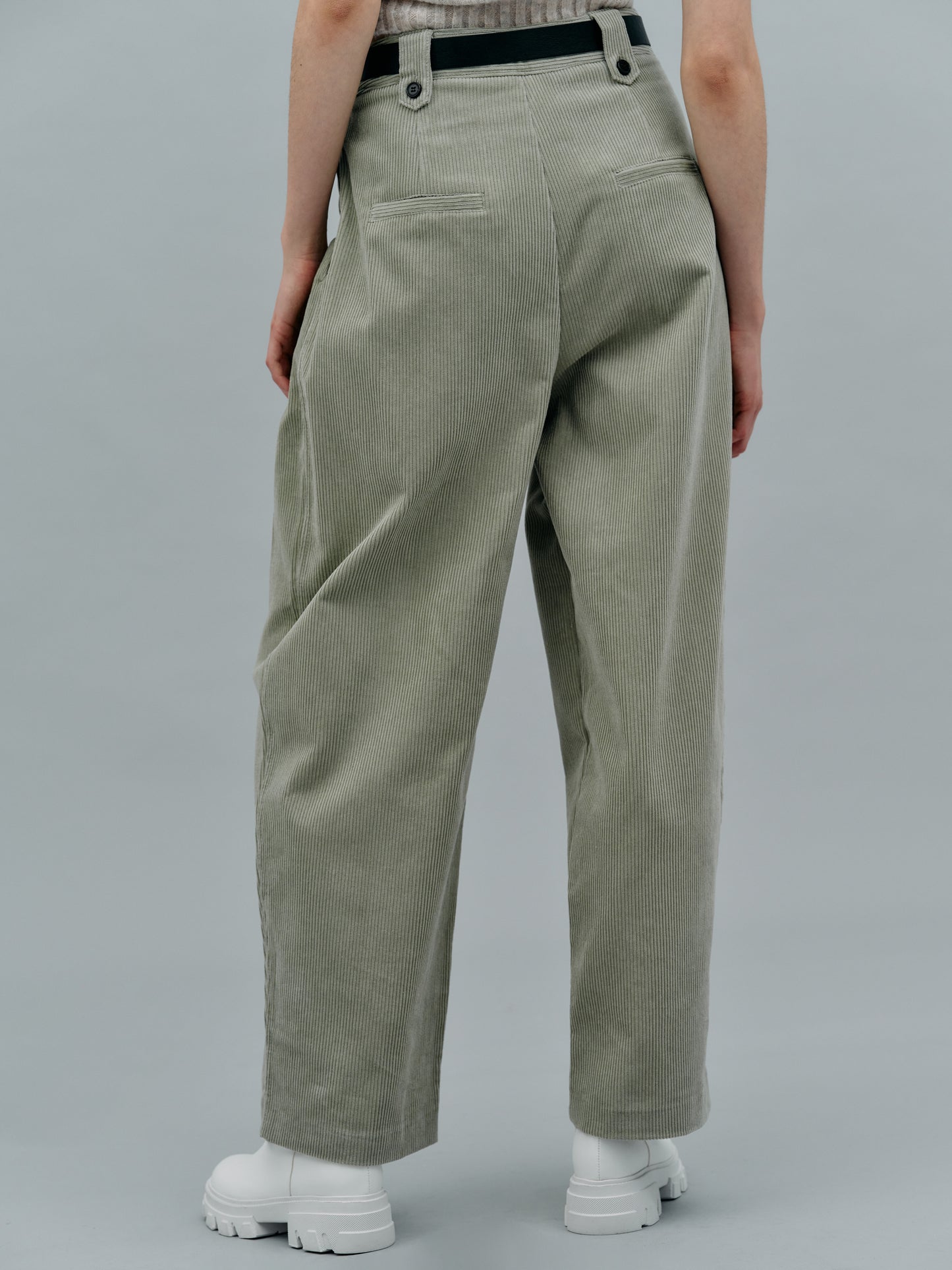 Double Pleat Belted Corduroy Pants, Moss