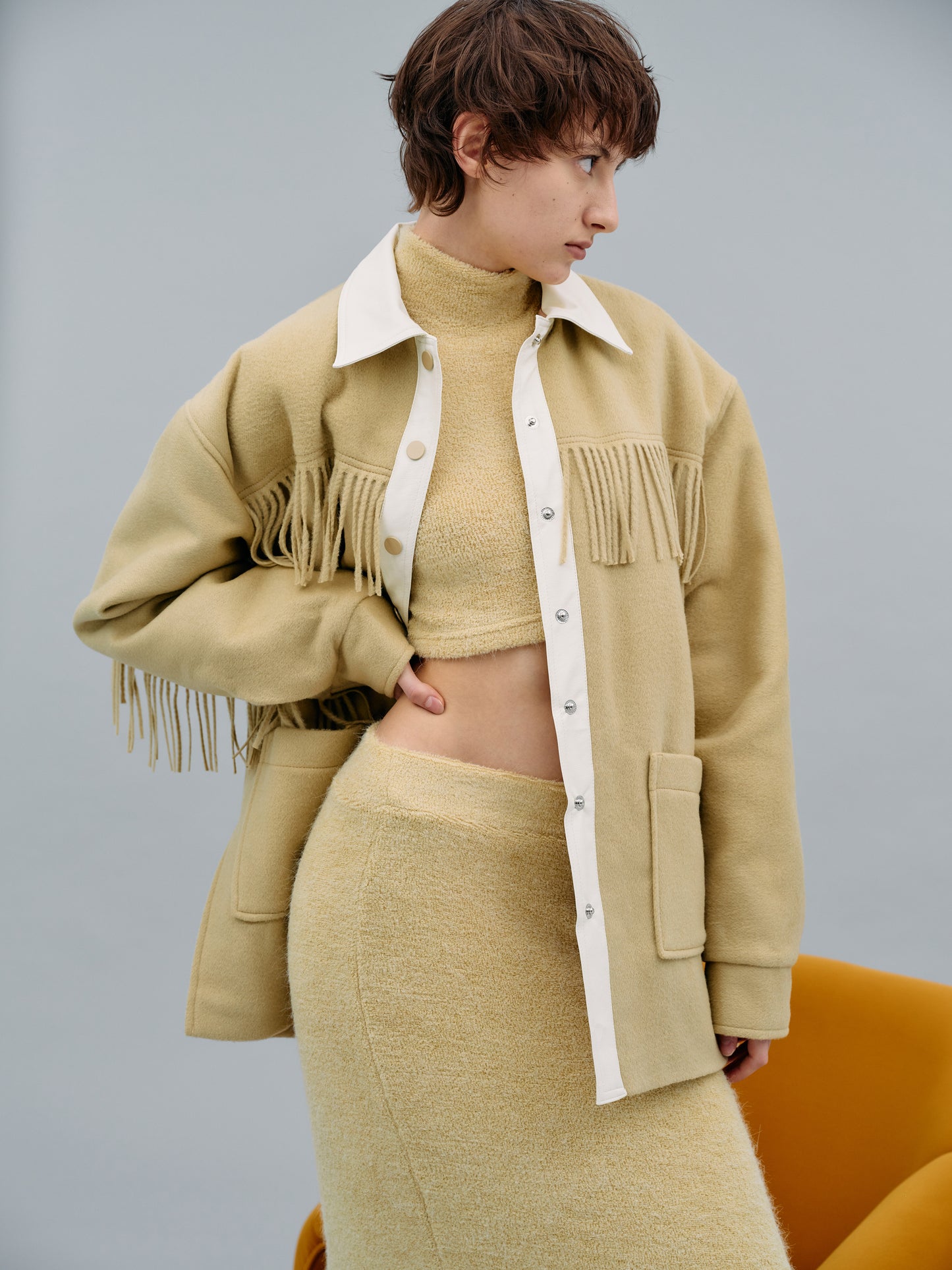 Wool Fringe Shacket, Maize