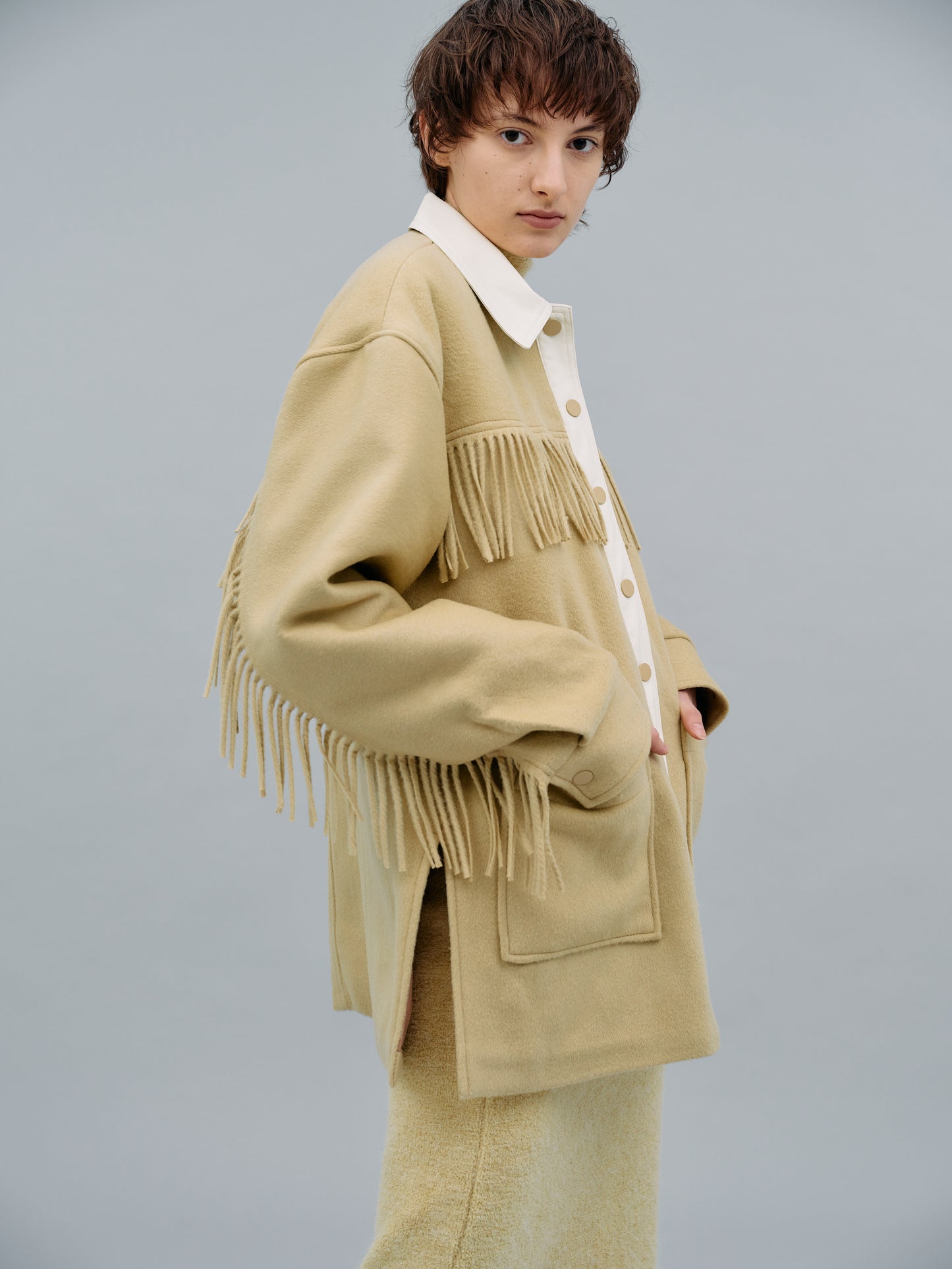 Wool Fringe Shacket, Maize