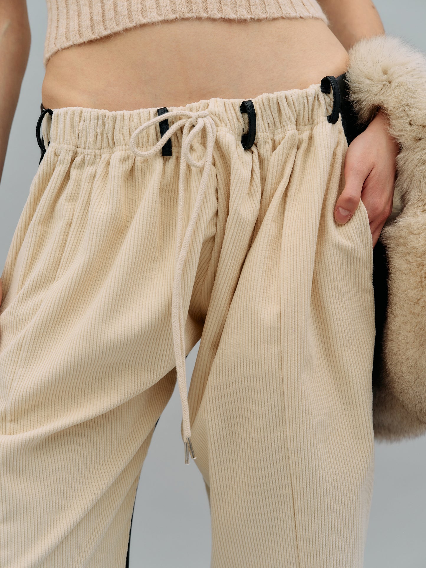 Back Leather Corduroy Pants, Cream & Black