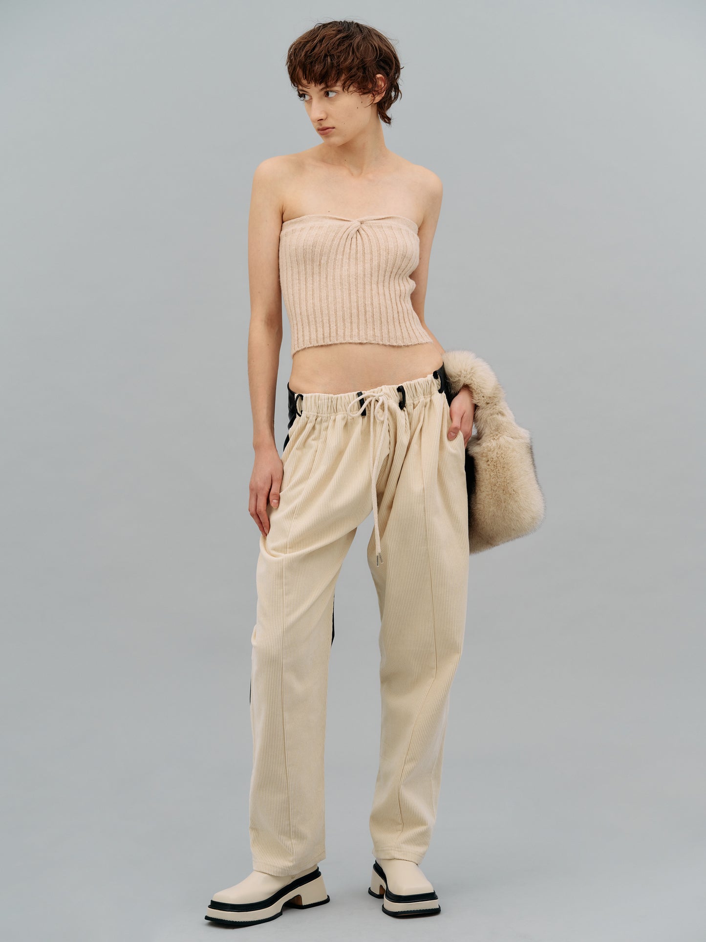 Back Leather Corduroy Pants, Cream & Black