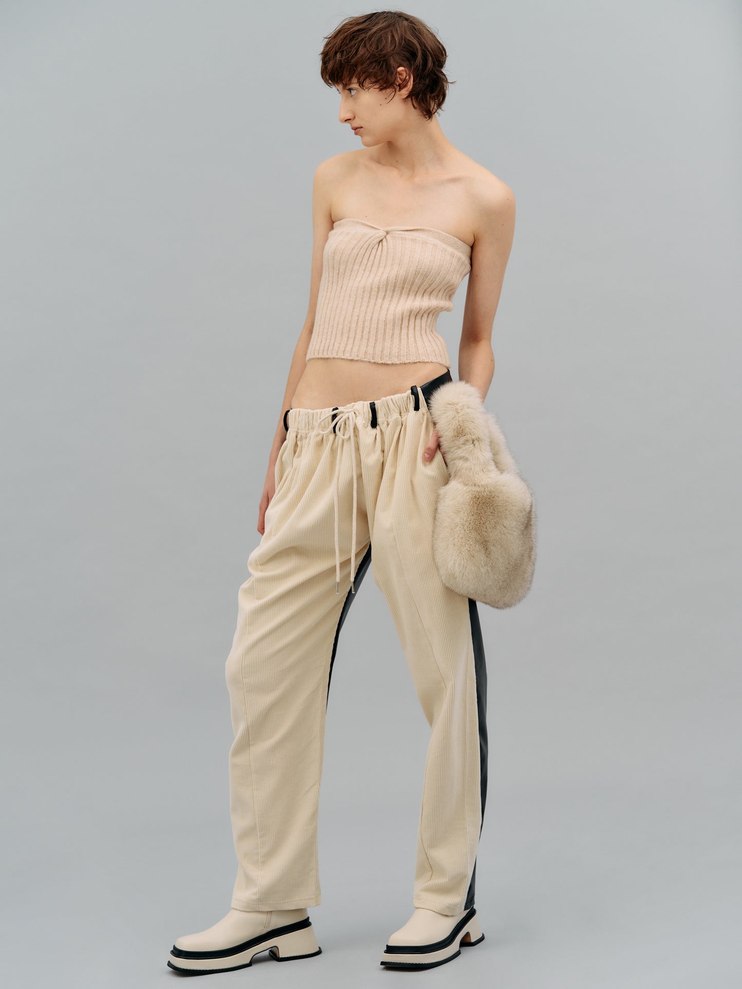 Back Leather Corduroy Pants, Cream & Black