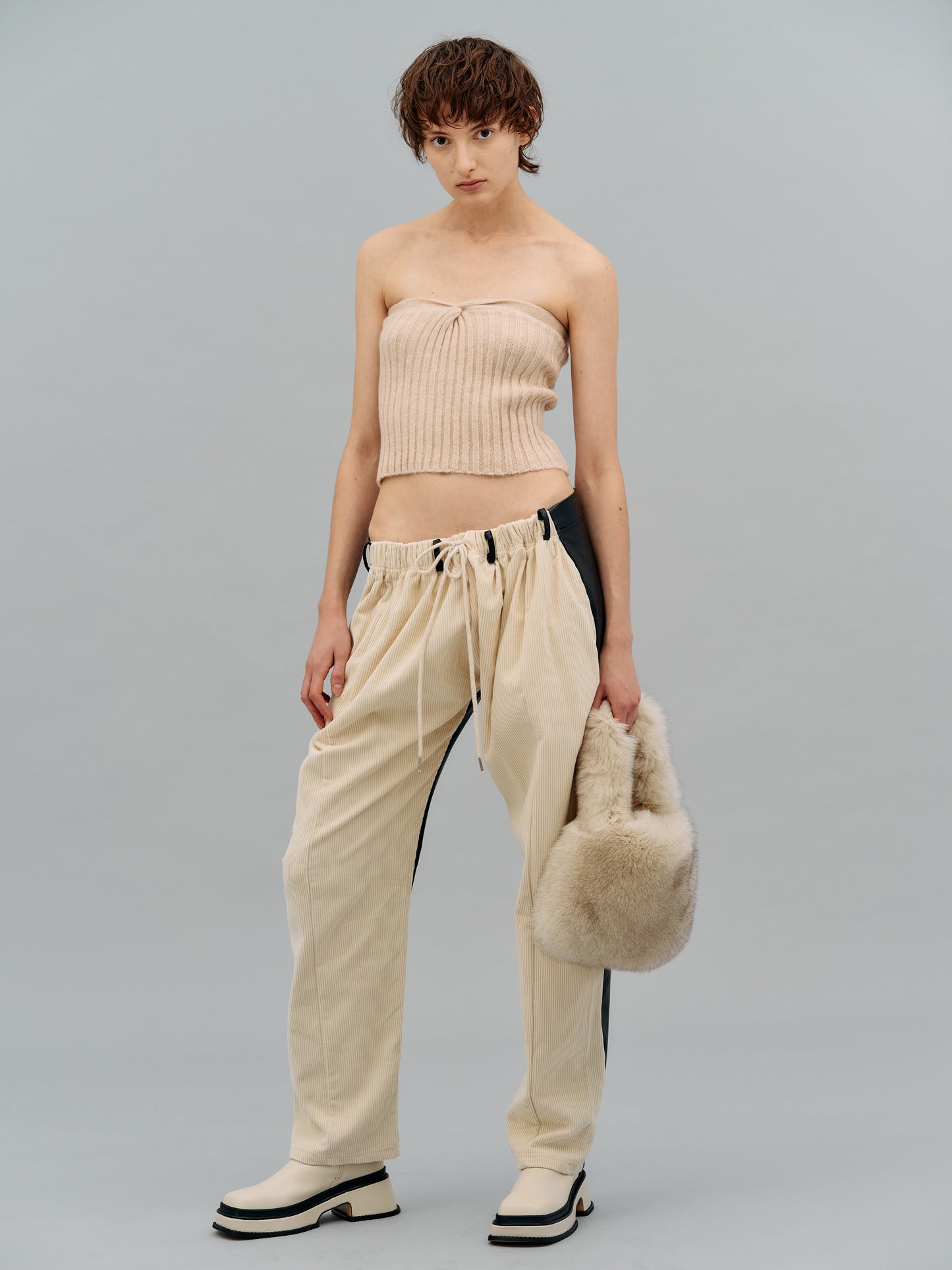 Back Leather Corduroy Pants, Cream & Black