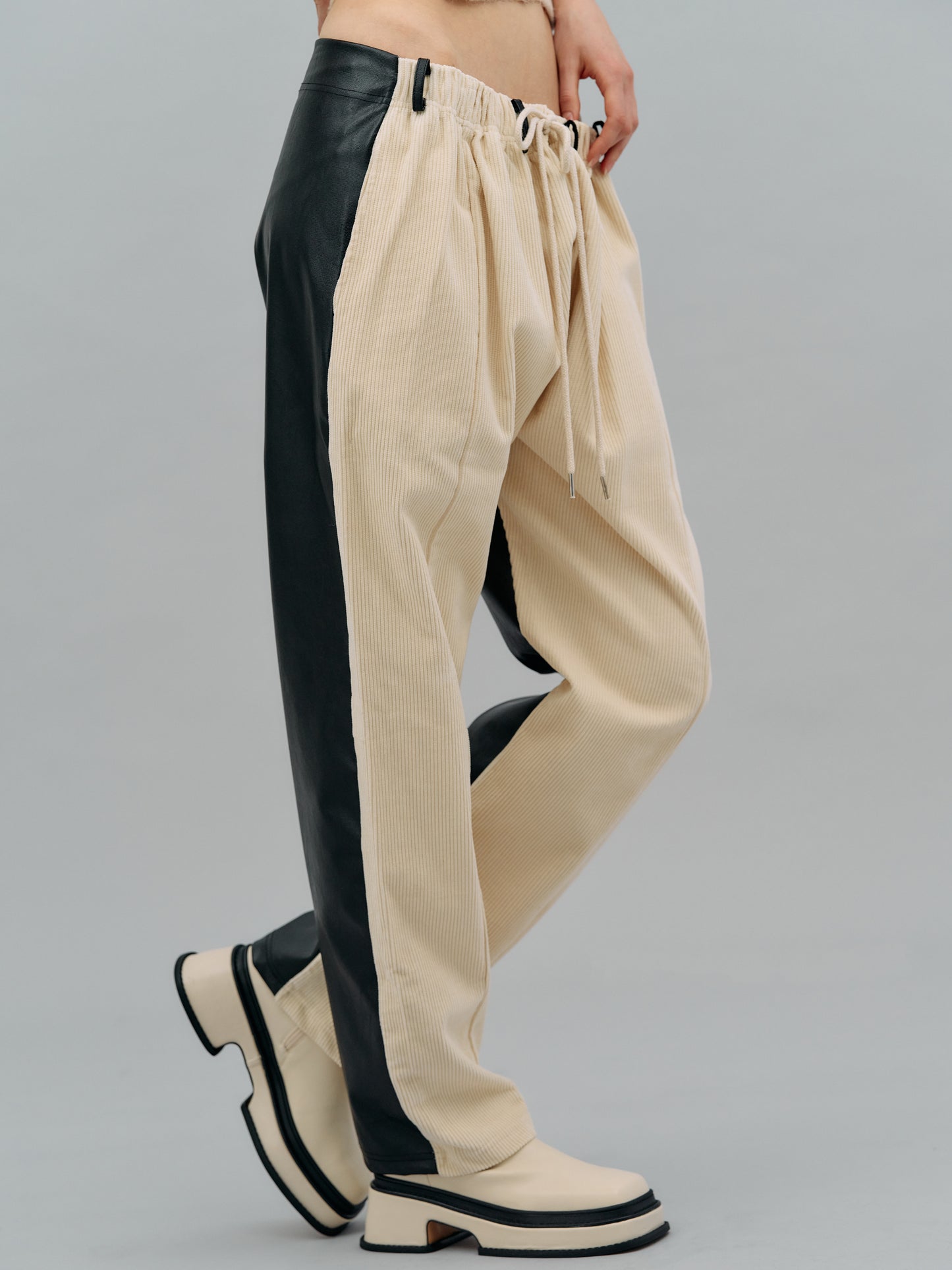 Back Leather Corduroy Pants, Cream & Black
