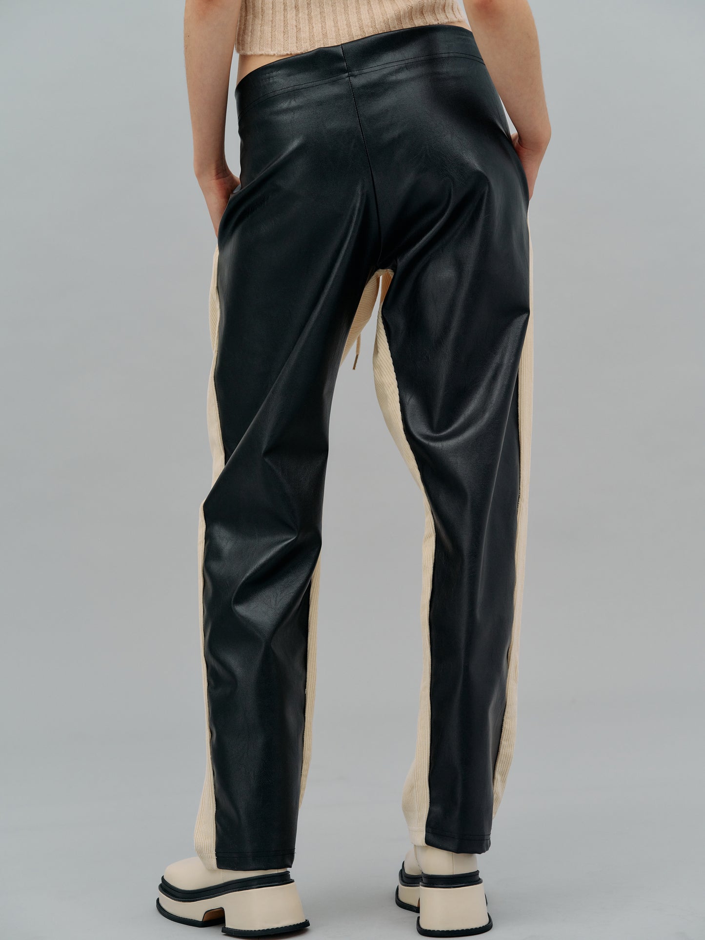 Back Leather Corduroy Pants, Cream & Black