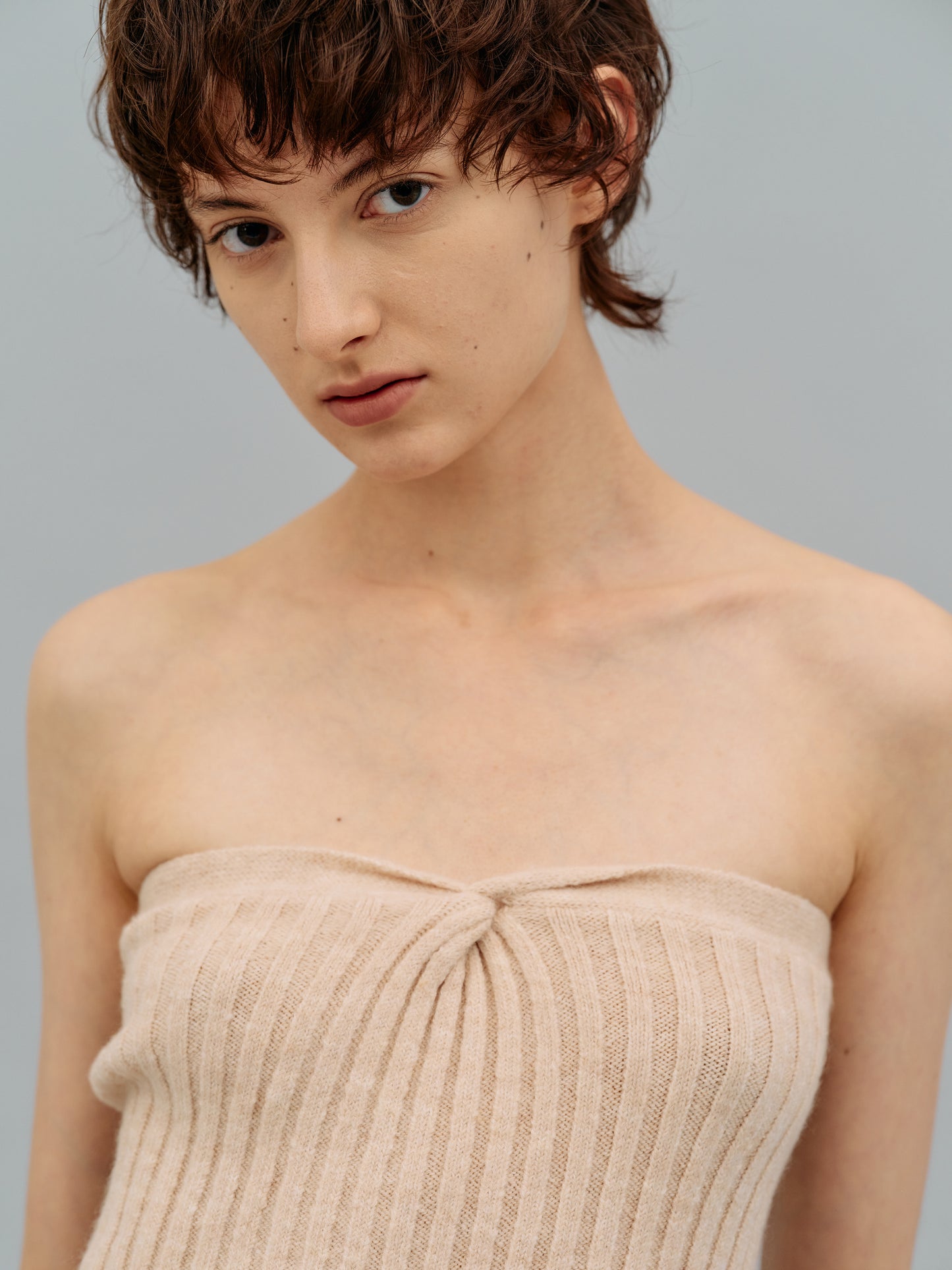 Twist Rib Knit Tube Top, Light Beige Melange