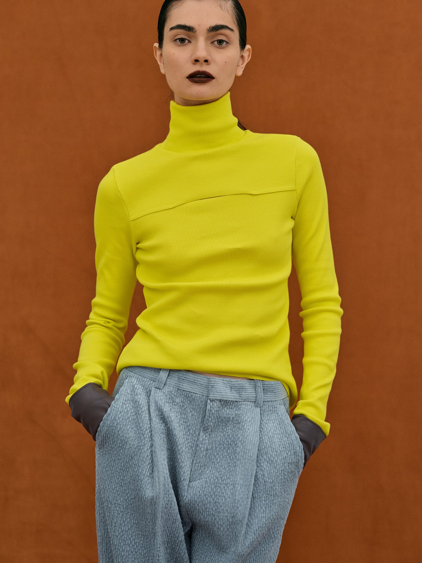 Slash Cut Rib Turtleneck, Citron