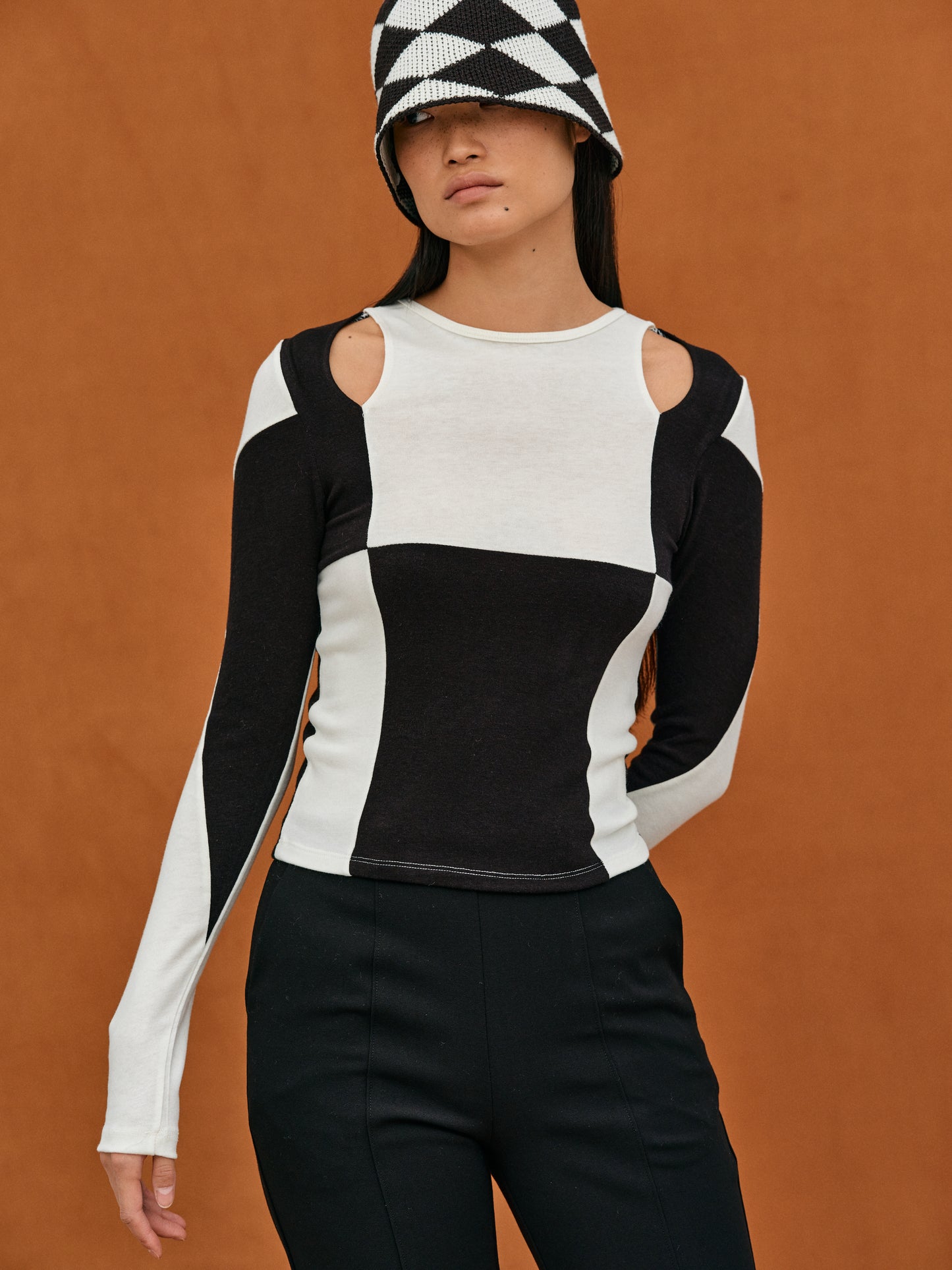 Collarbone Slash Colorblock Top, Black & White
