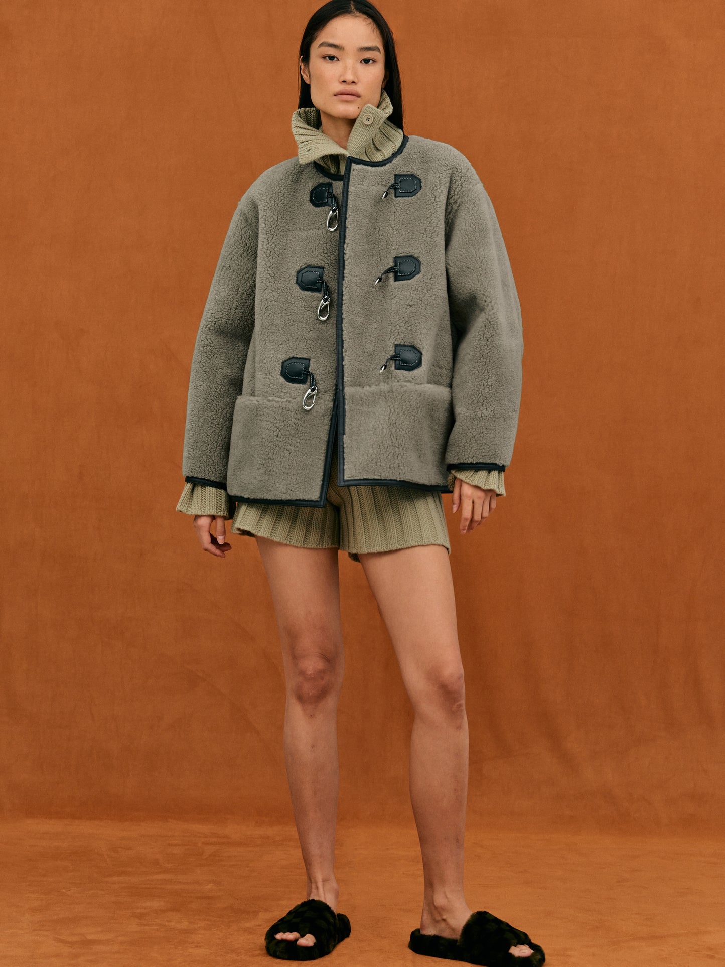 Clasp Front Shearling Coat, Dusty Khaki