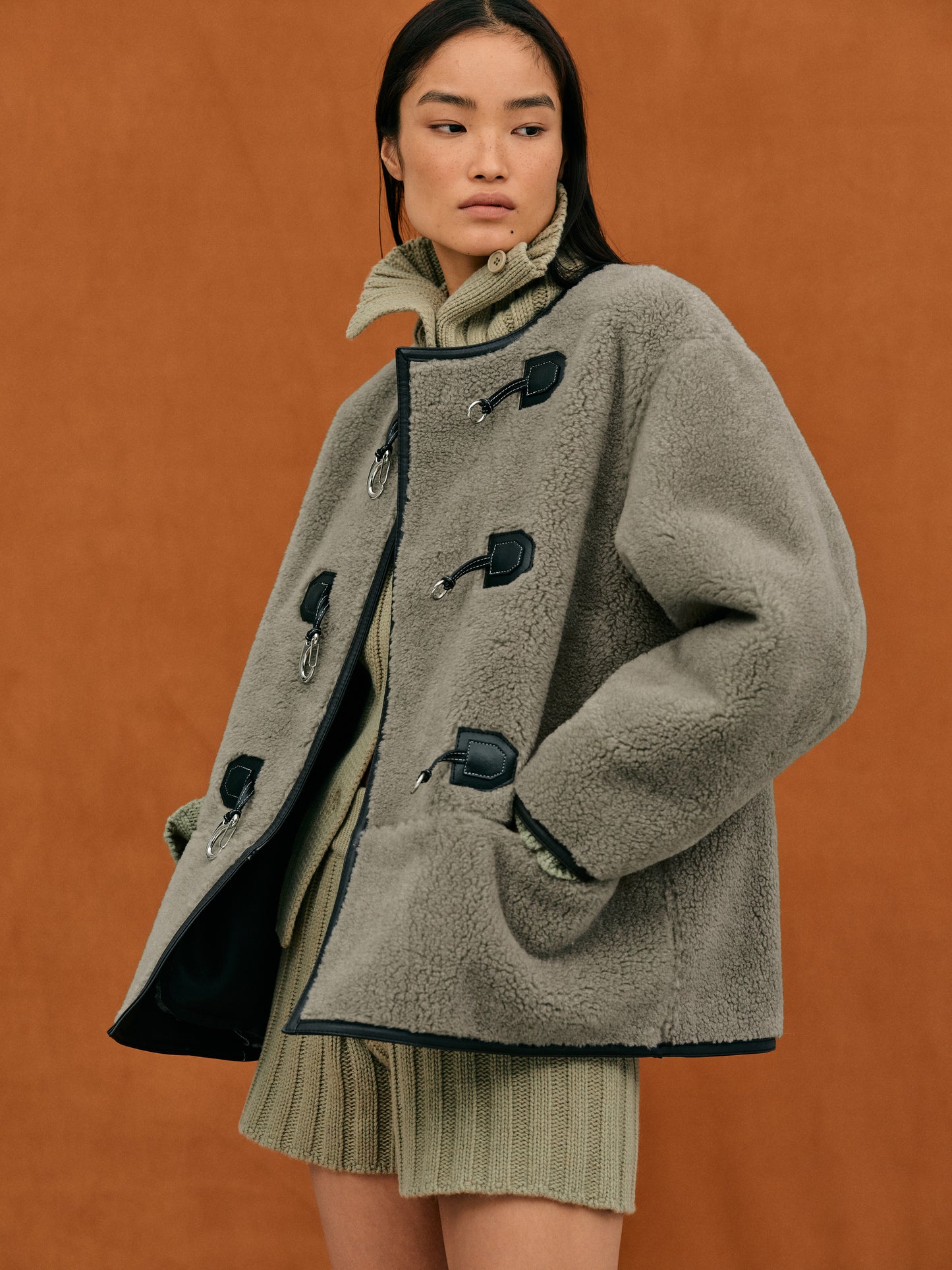 Clasp Front Shearling Coat, Dusty Khaki