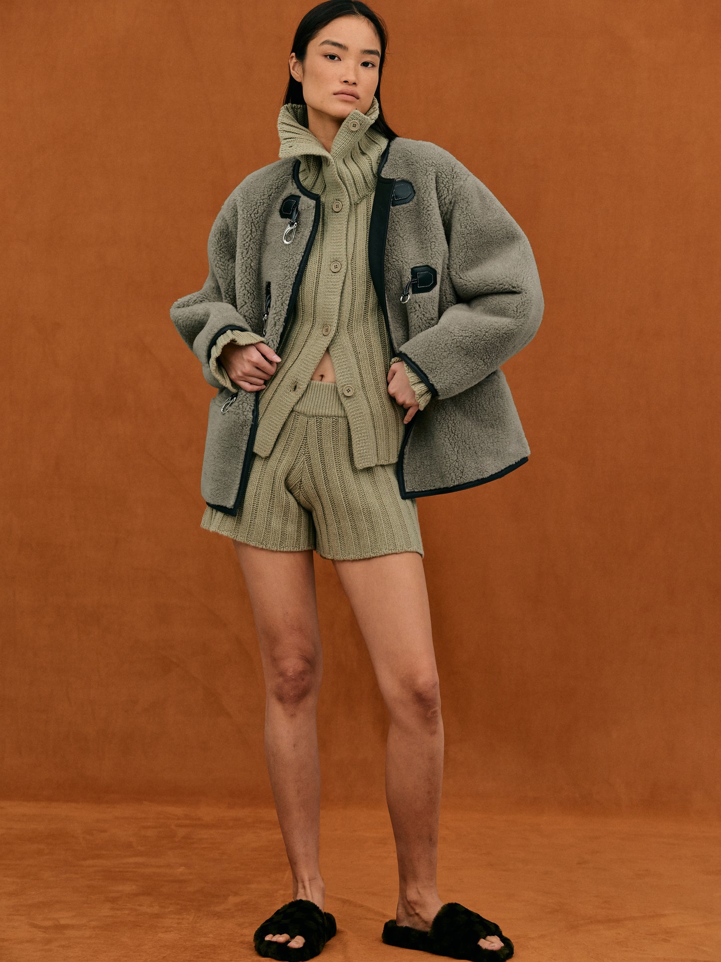 Thick Rib Knit Lounge Shorts, Olive Melange