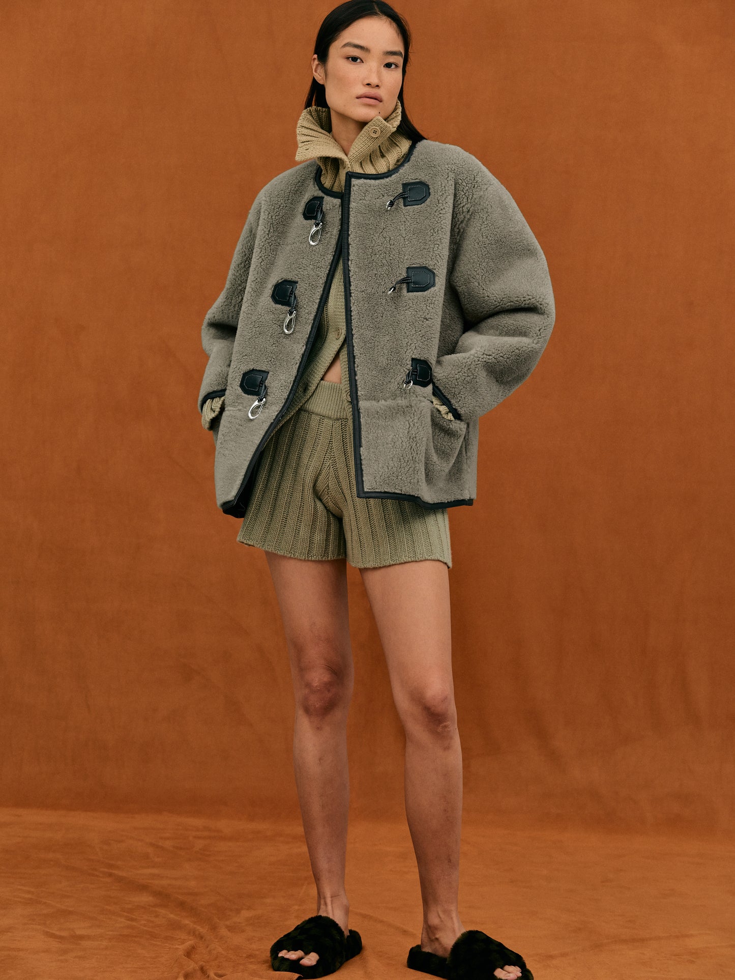 Clasp Front Shearling Coat, Dusty Khaki