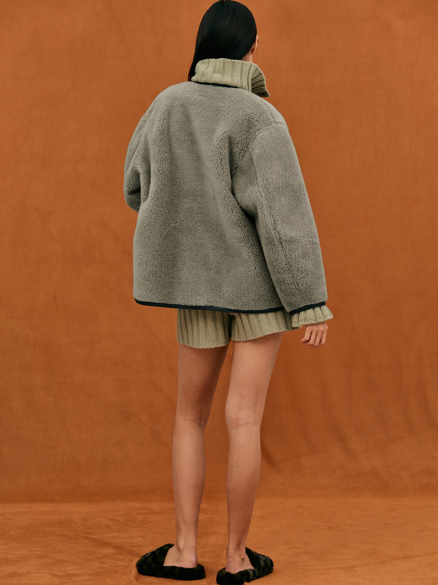 Clasp Front Shearling Coat, Dusty Khaki