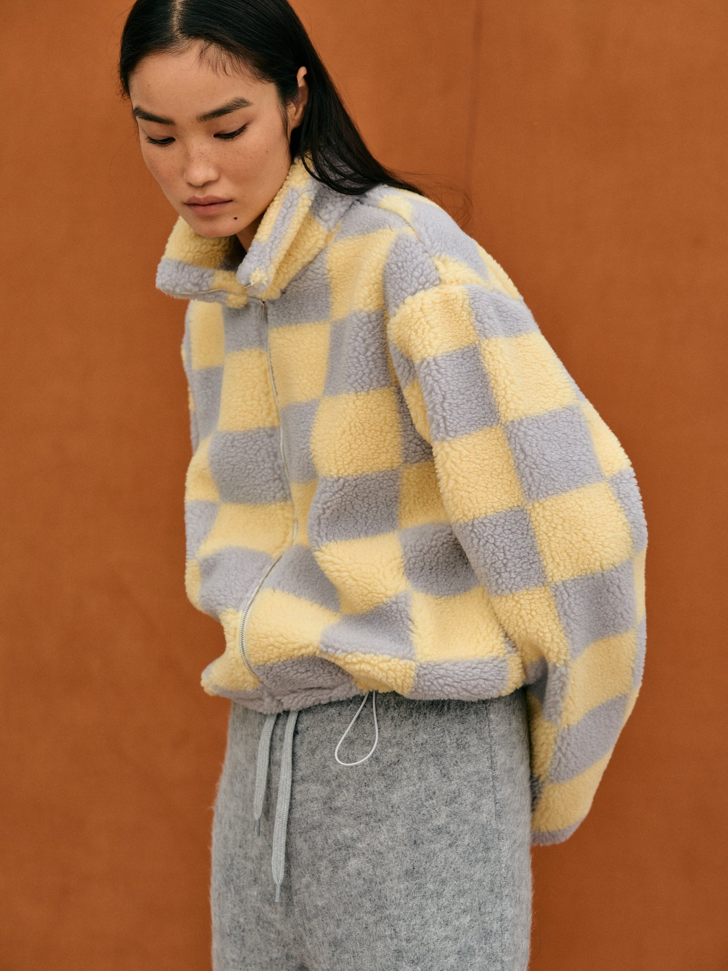Fleece Zip Up Jacket, Banana & Gray