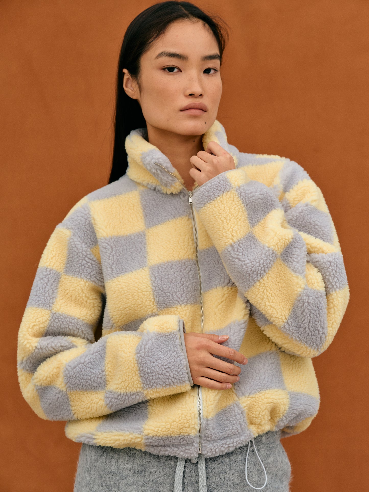 Fleece Zip Up Jacket, Banana & Gray