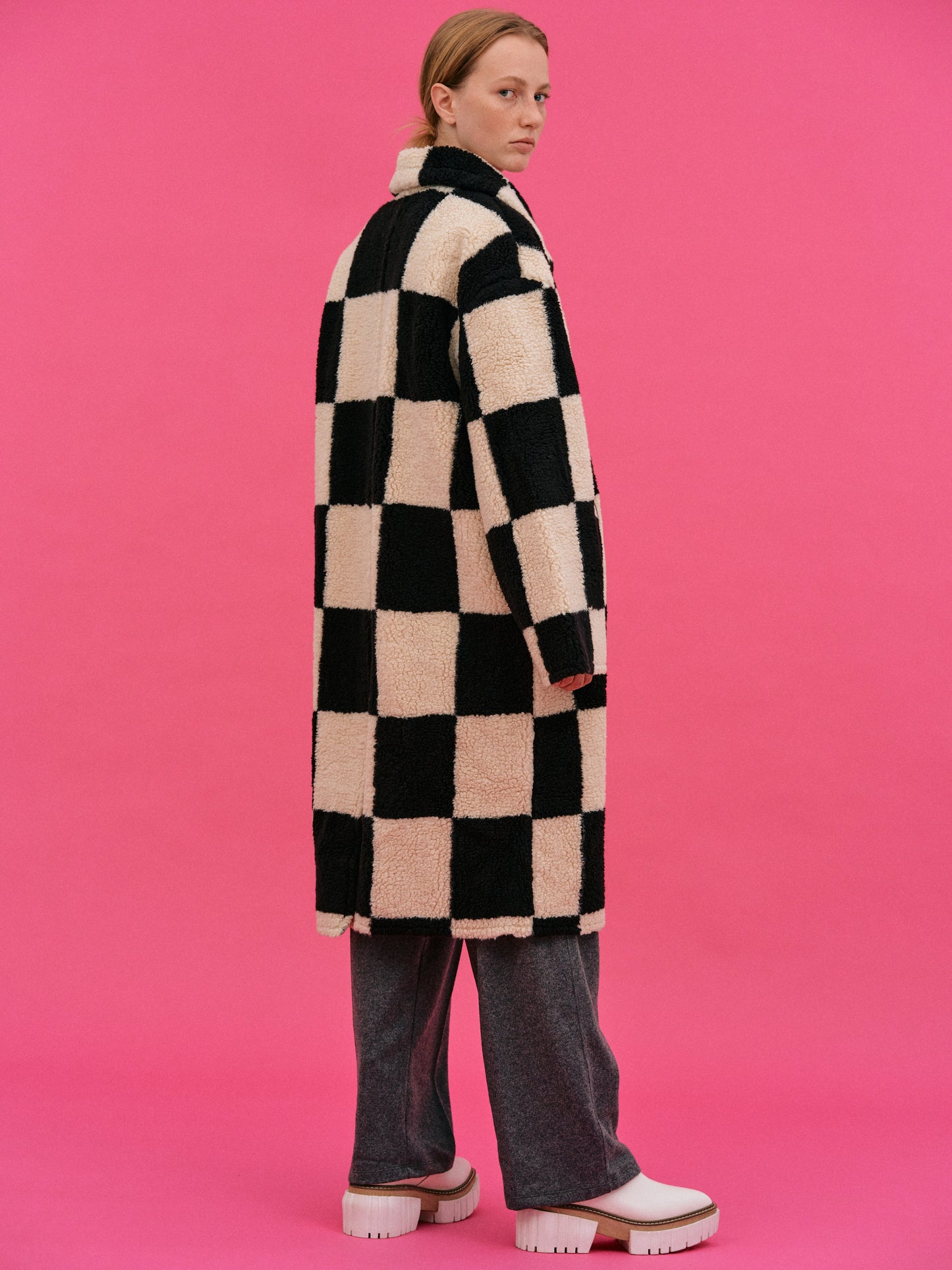 Checked Shearling Coat, Black