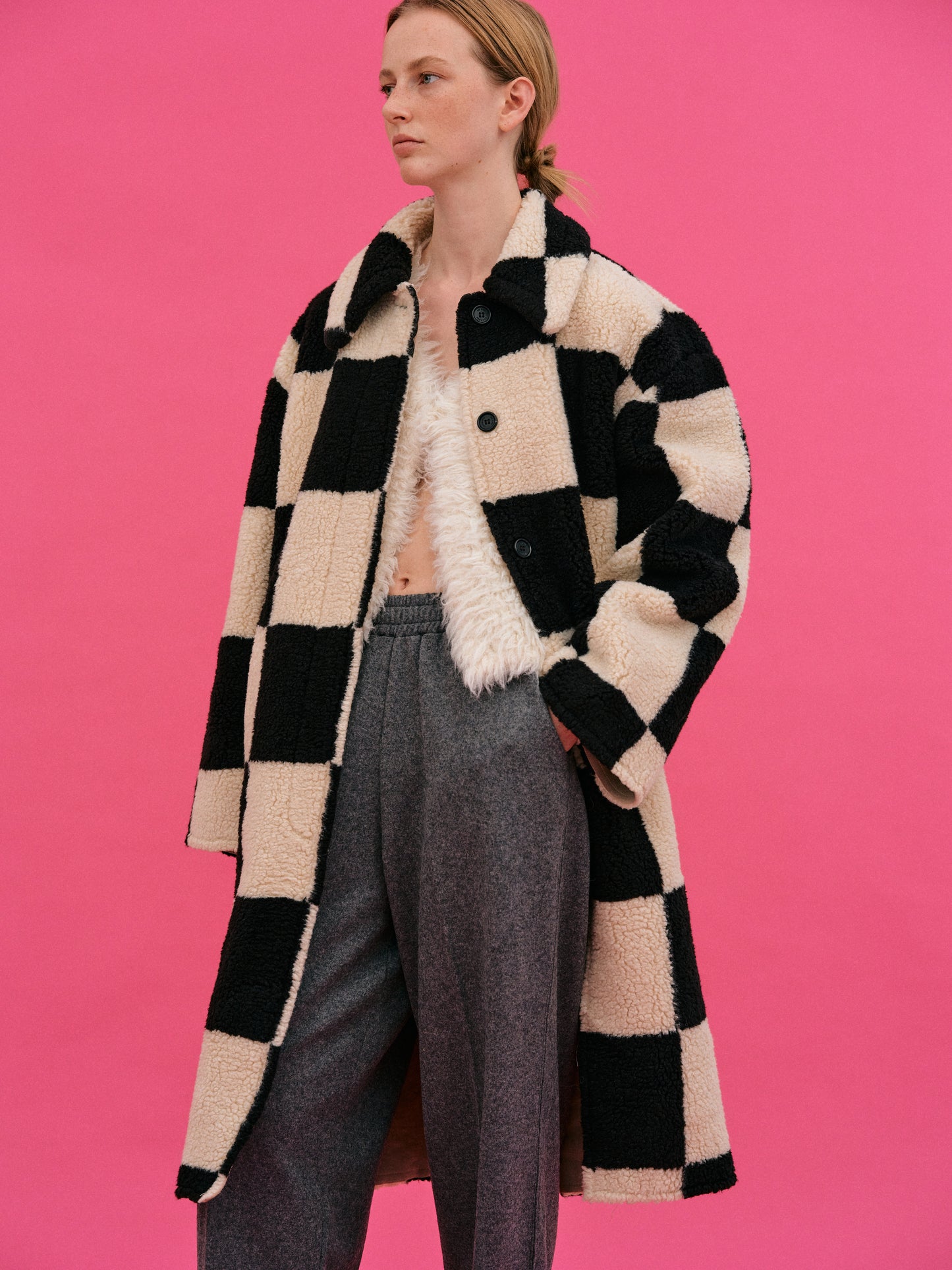 Checked Shearling Coat, Black