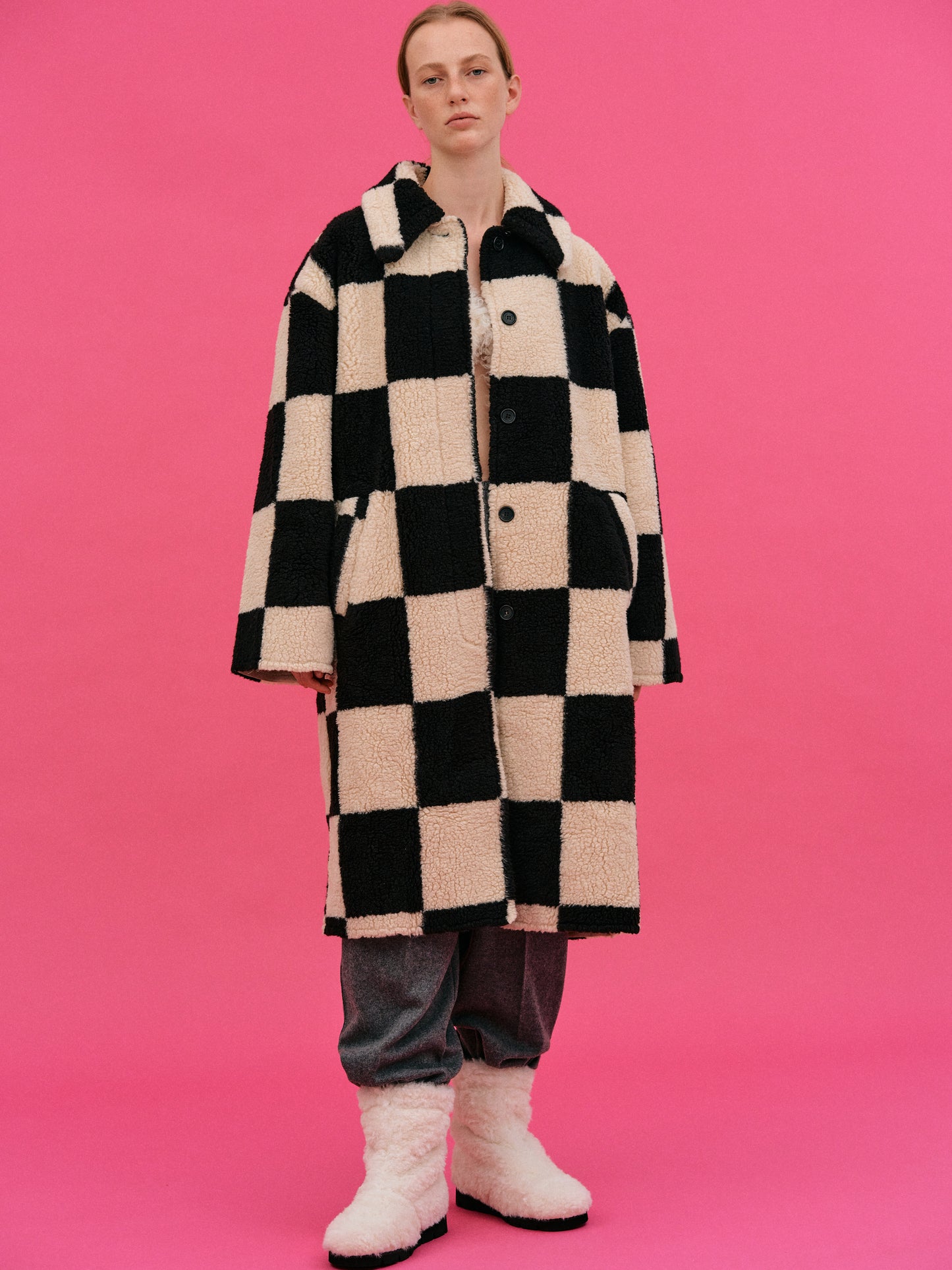 Checked Shearling Coat, Black