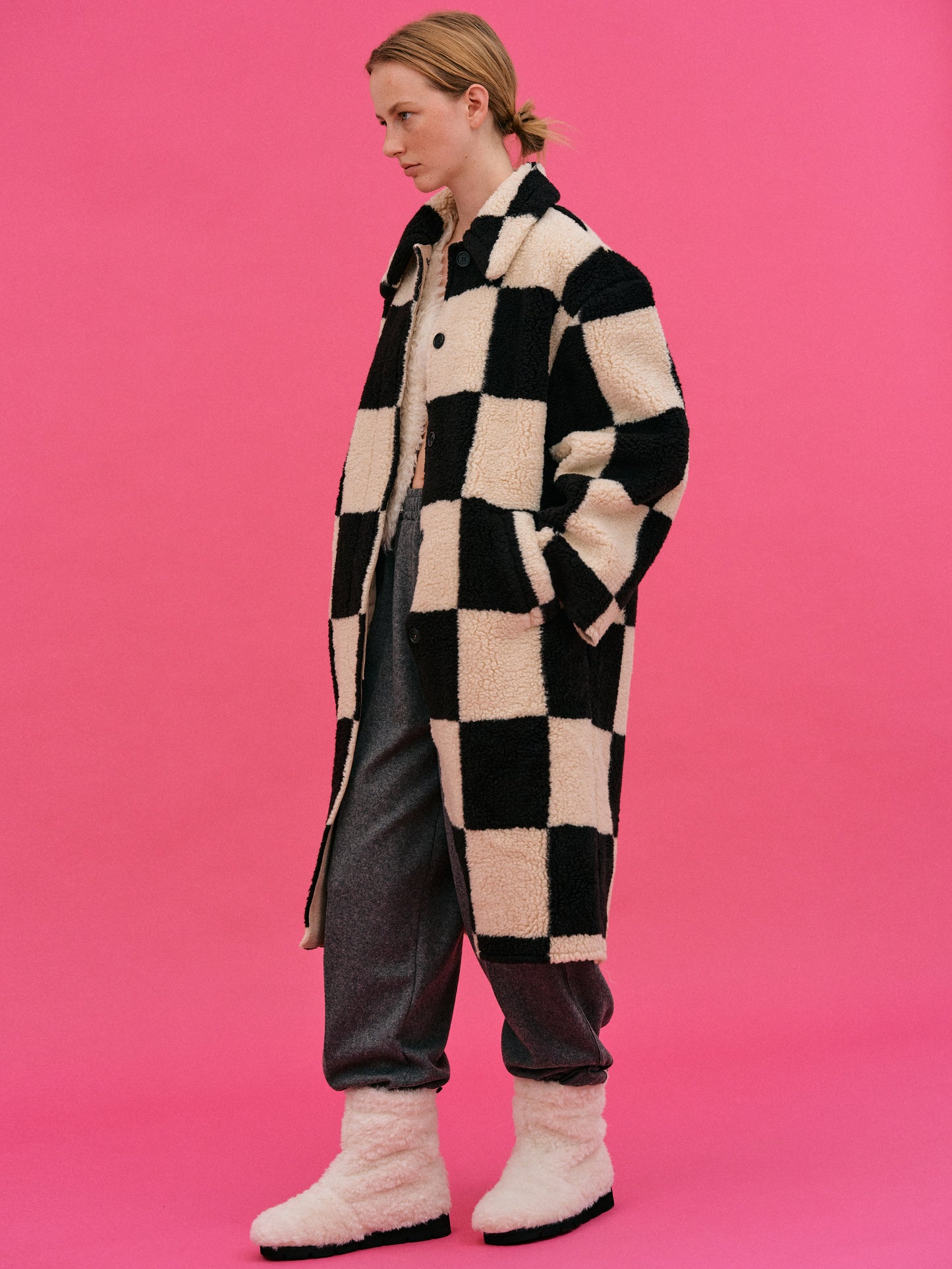 Checked Shearling Coat, Black