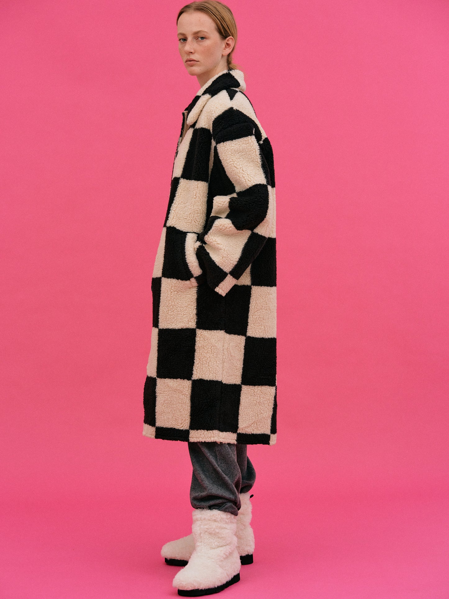 Checked Shearling Coat, Black