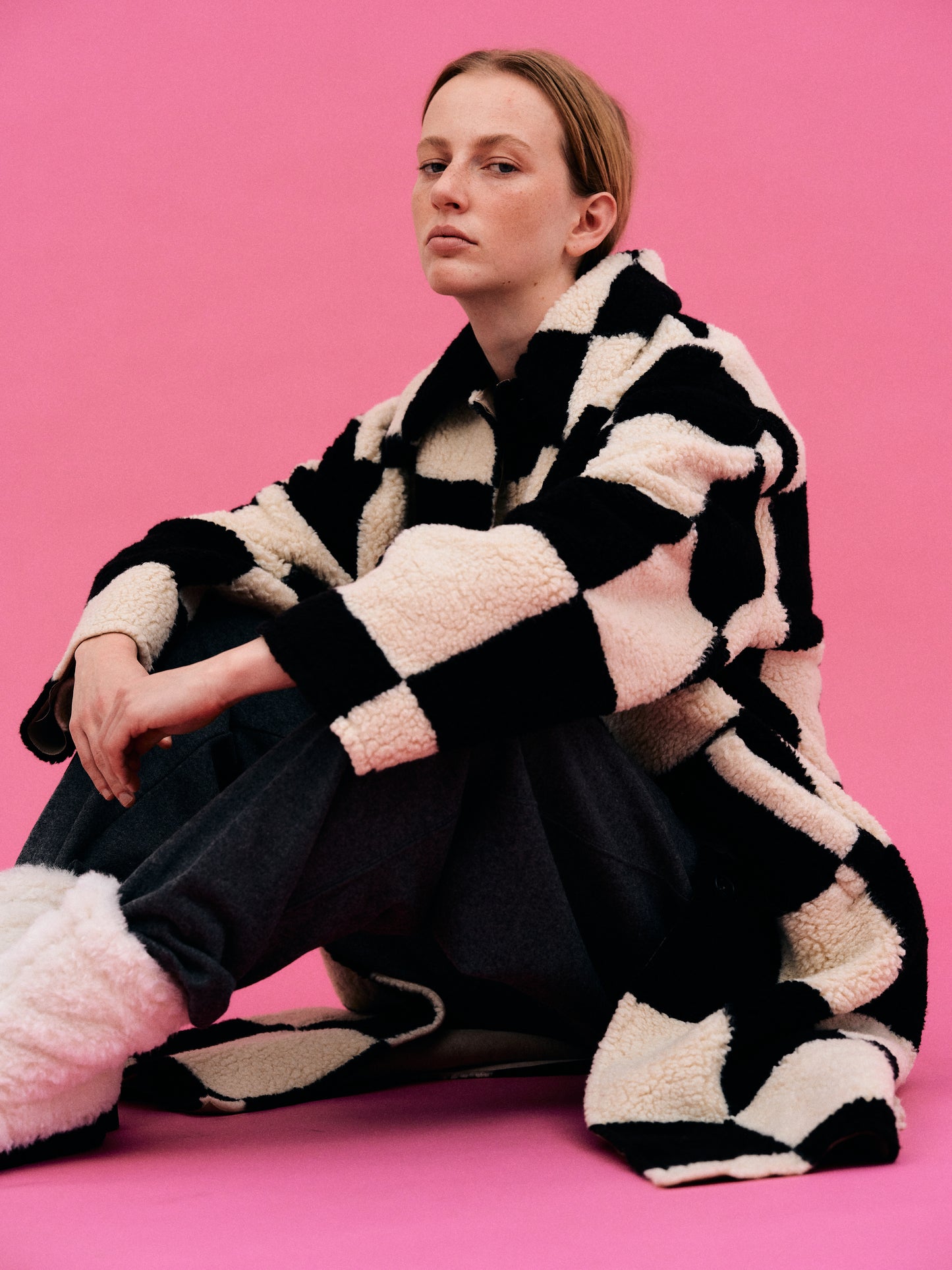 Checked Shearling Coat, Black