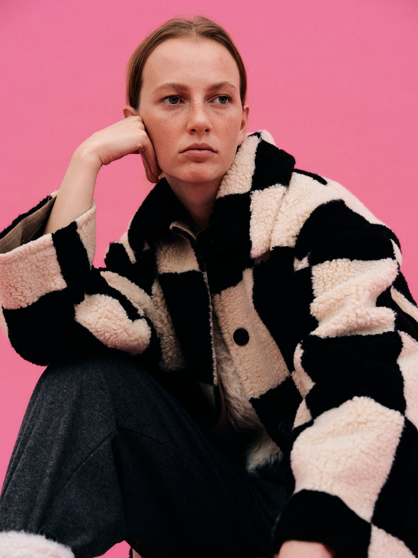 Checked Shearling Coat, Black